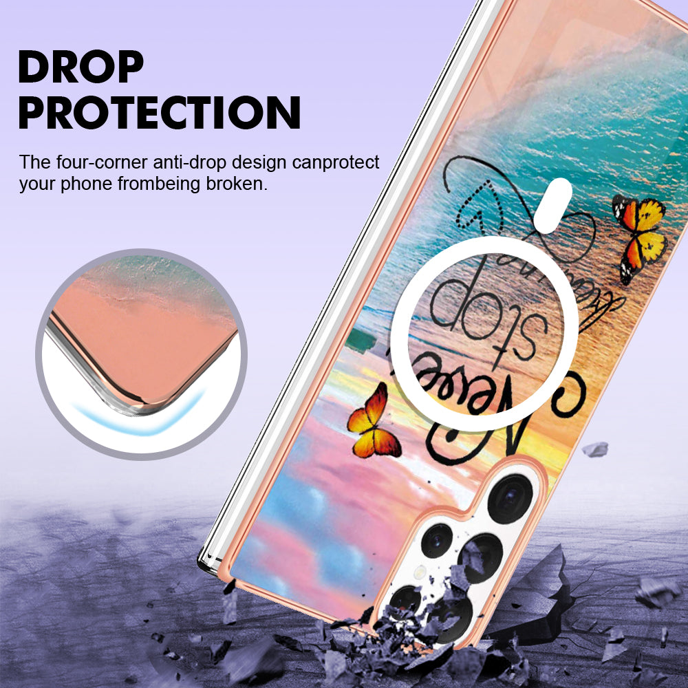 YB IMD Series-19 for Samsung Galaxy S22 Ultra 5G Magnetic Electroplated IMD Phone Case 2.0mm TPU Back Cover - Never Stop Dreaming