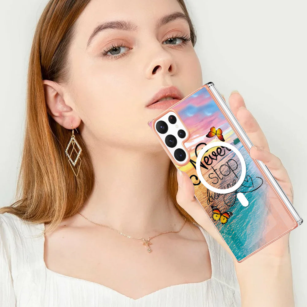 YB IMD Series-19 for Samsung Galaxy S22 Ultra 5G Magnetic Electroplated IMD Phone Case 2.0mm TPU Back Cover - Never Stop Dreaming
