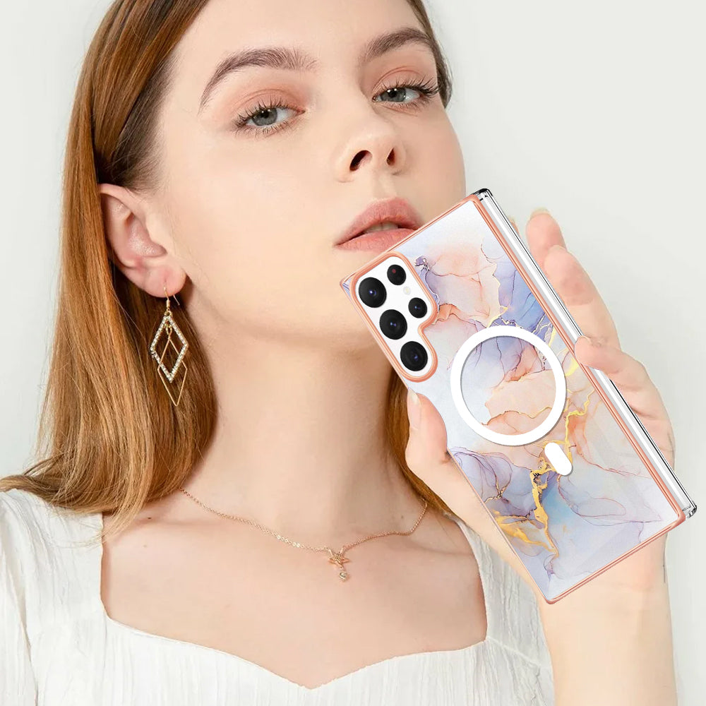 YB IMD Series-19 for Samsung Galaxy S22 Ultra 5G Magnetic Electroplated IMD Phone Case 2.0mm TPU Back Cover - Marble White