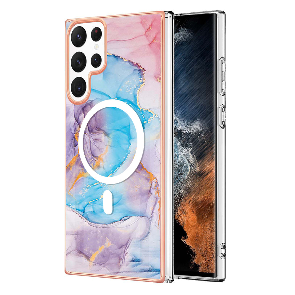 YB IMD Series-19 for Samsung Galaxy S22 Ultra 5G Magnetic Electroplated IMD Phone Case 2.0mm TPU Back Cover - Marble Blue