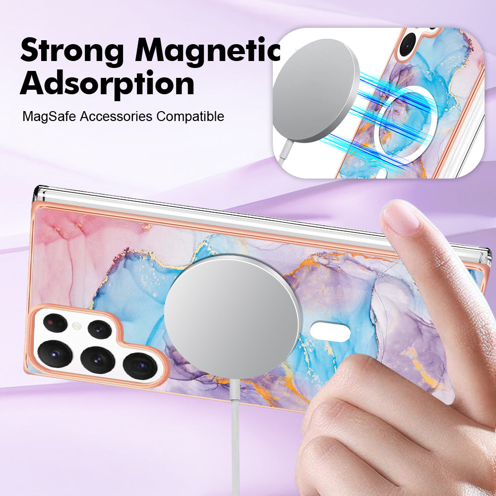YB IMD Series-19 for Samsung Galaxy S22 Ultra 5G Magnetic Electroplated IMD Phone Case 2.0mm TPU Back Cover - Marble Blue