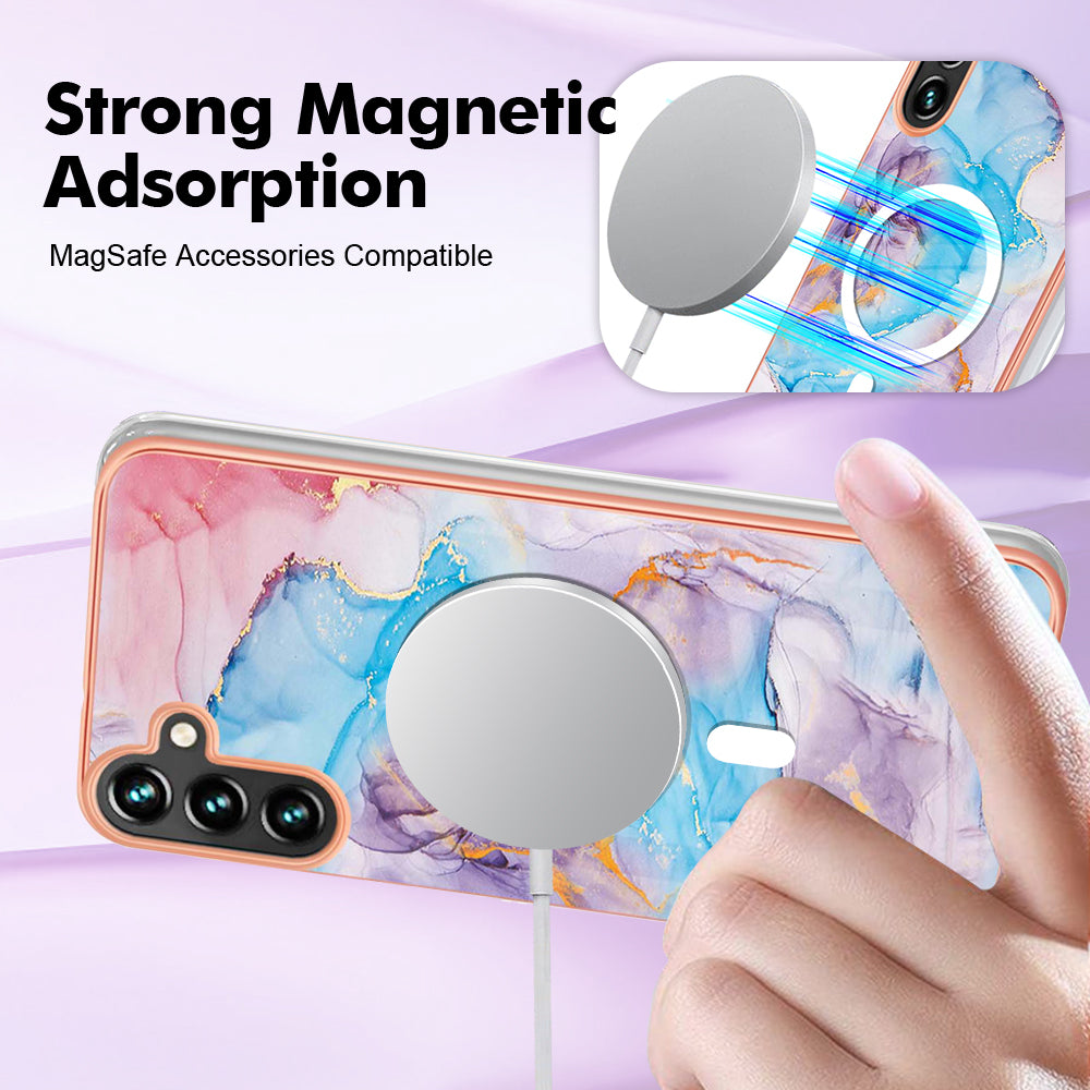 YB IMD Series-19 for Samsung Galaxy A54 5G Electroplated IMD Magnetic Phone Case 2.0mm TPU Anti-scratch Cover - Marble Blue