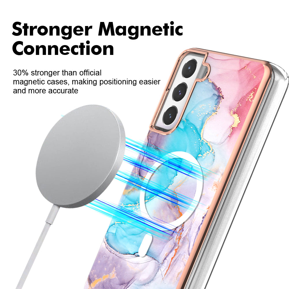 YB IMD Series-19 for Samsung Galaxy S21 FE 5G Magnetic Phone Case 2.0mm TPU Electroplating Pattern IMD Cover - Marble Blue