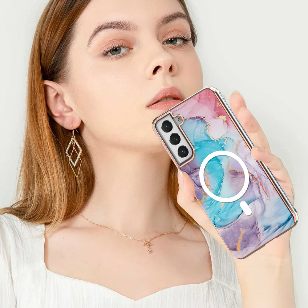 YB IMD Series-19 for Samsung Galaxy S21 FE 5G Magnetic Phone Case 2.0mm TPU Electroplating Pattern IMD Cover - Marble Blue