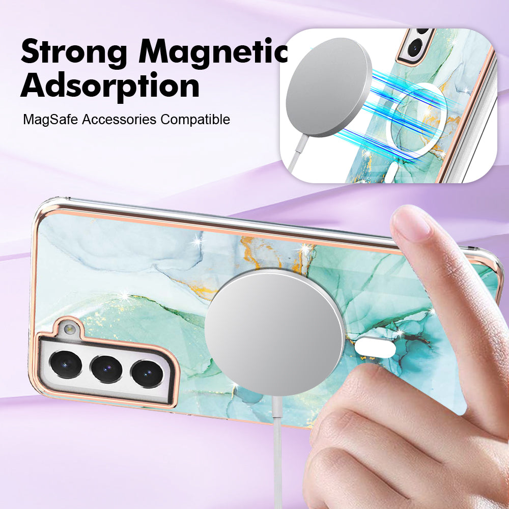 YB IMD Series-19 for Samsung Galaxy S21 FE 5G Magnetic Phone Case 2.0mm TPU Electroplating Pattern IMD Cover - Green
