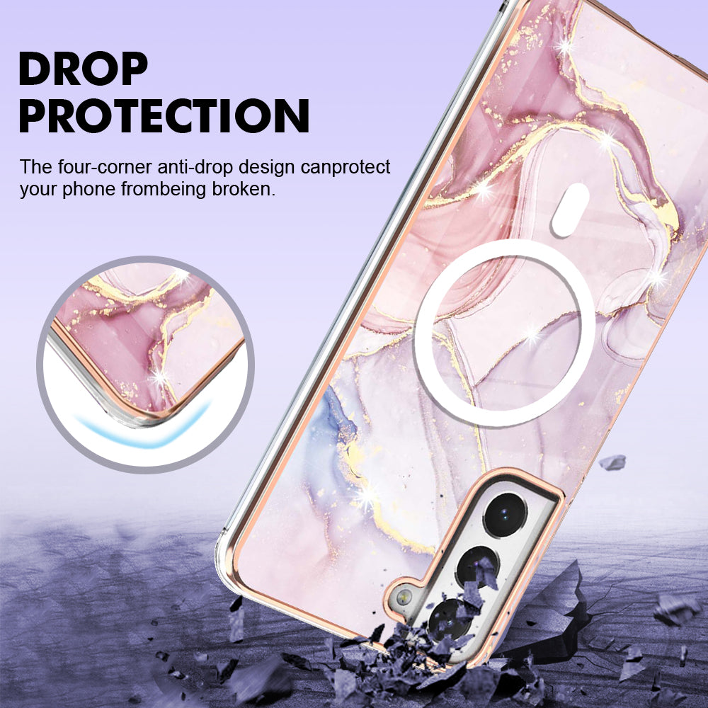 YB IMD Series-19 for Samsung Galaxy S21 FE 5G Magnetic Phone Case 2.0mm TPU Electroplating Pattern IMD Cover - Rose Gold