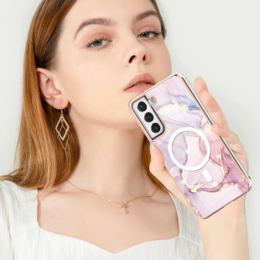 YB IMD Series-19 for Samsung Galaxy S21 FE 5G Magnetic Phone Case 2.0mm TPU Electroplating Pattern IMD Cover - Rose Gold