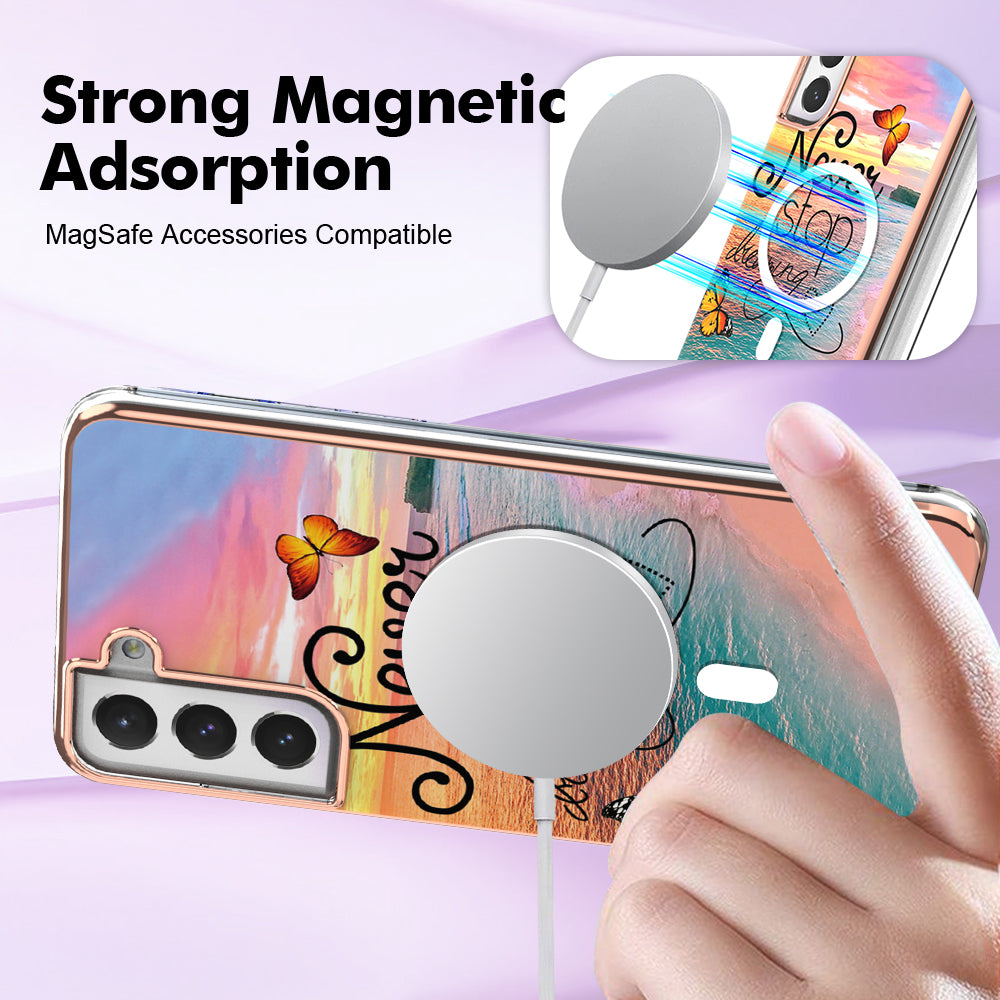 YB IMD Series-19 for Samsung Galaxy S21 FE 5G Magnetic Phone Case 2.0mm TPU Electroplating Pattern IMD Cover - Never Stop Dreaming
