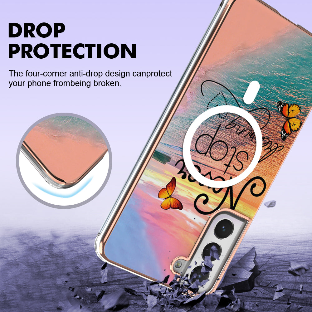 YB IMD Series-19 for Samsung Galaxy S21 FE 5G Magnetic Phone Case 2.0mm TPU Electroplating Pattern IMD Cover - Never Stop Dreaming