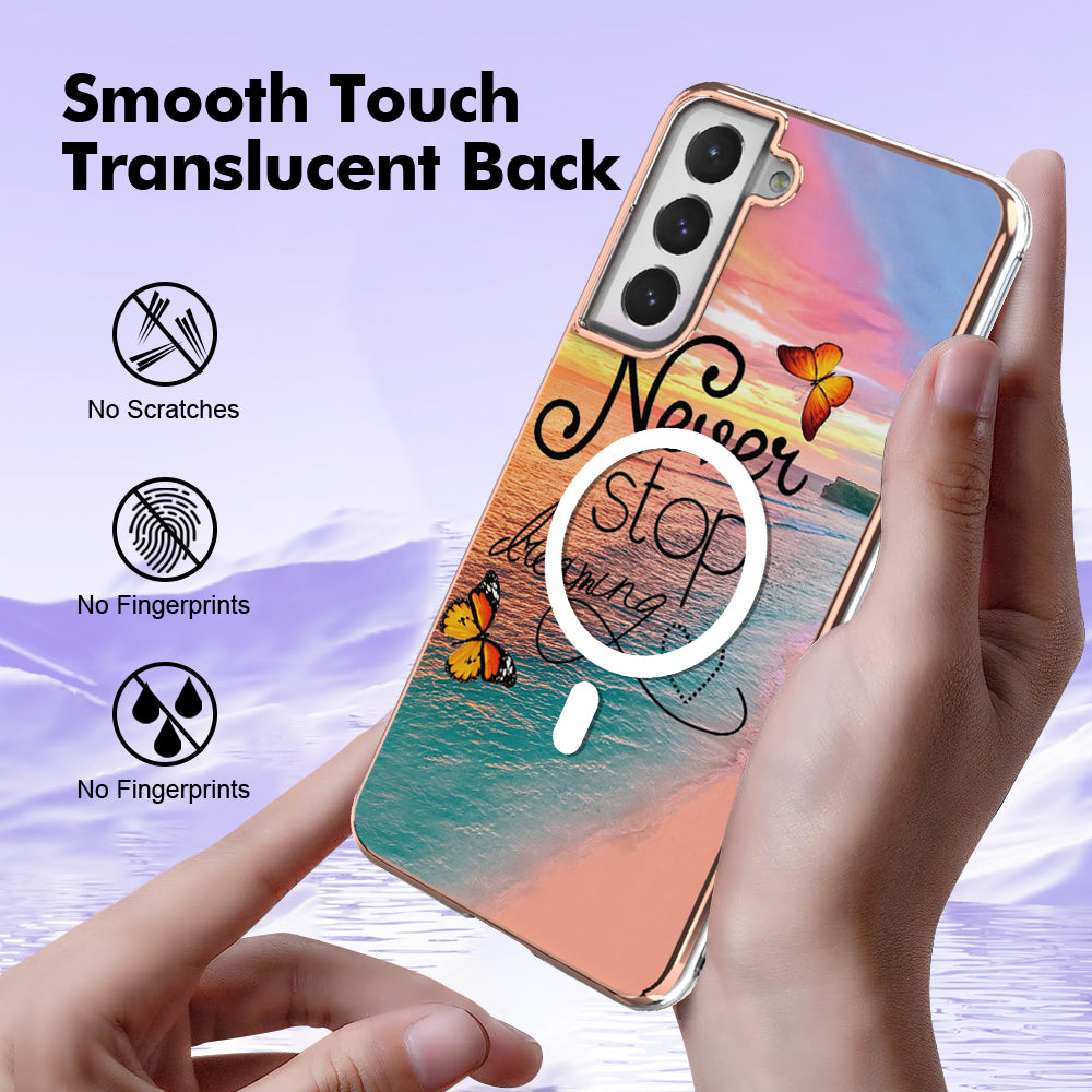YB IMD Series-19 for Samsung Galaxy S21 FE 5G Magnetic Phone Case 2.0mm TPU Electroplating Pattern IMD Cover - Never Stop Dreaming