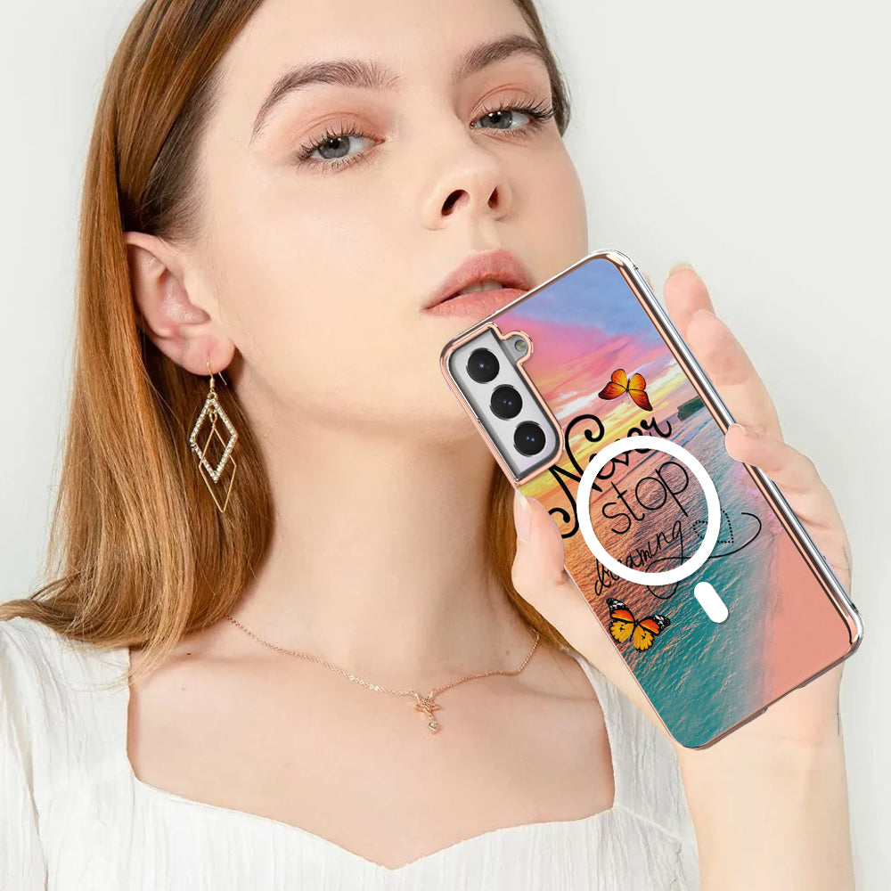 YB IMD Series-19 for Samsung Galaxy S21 FE 5G Magnetic Phone Case 2.0mm TPU Electroplating Pattern IMD Cover - Never Stop Dreaming