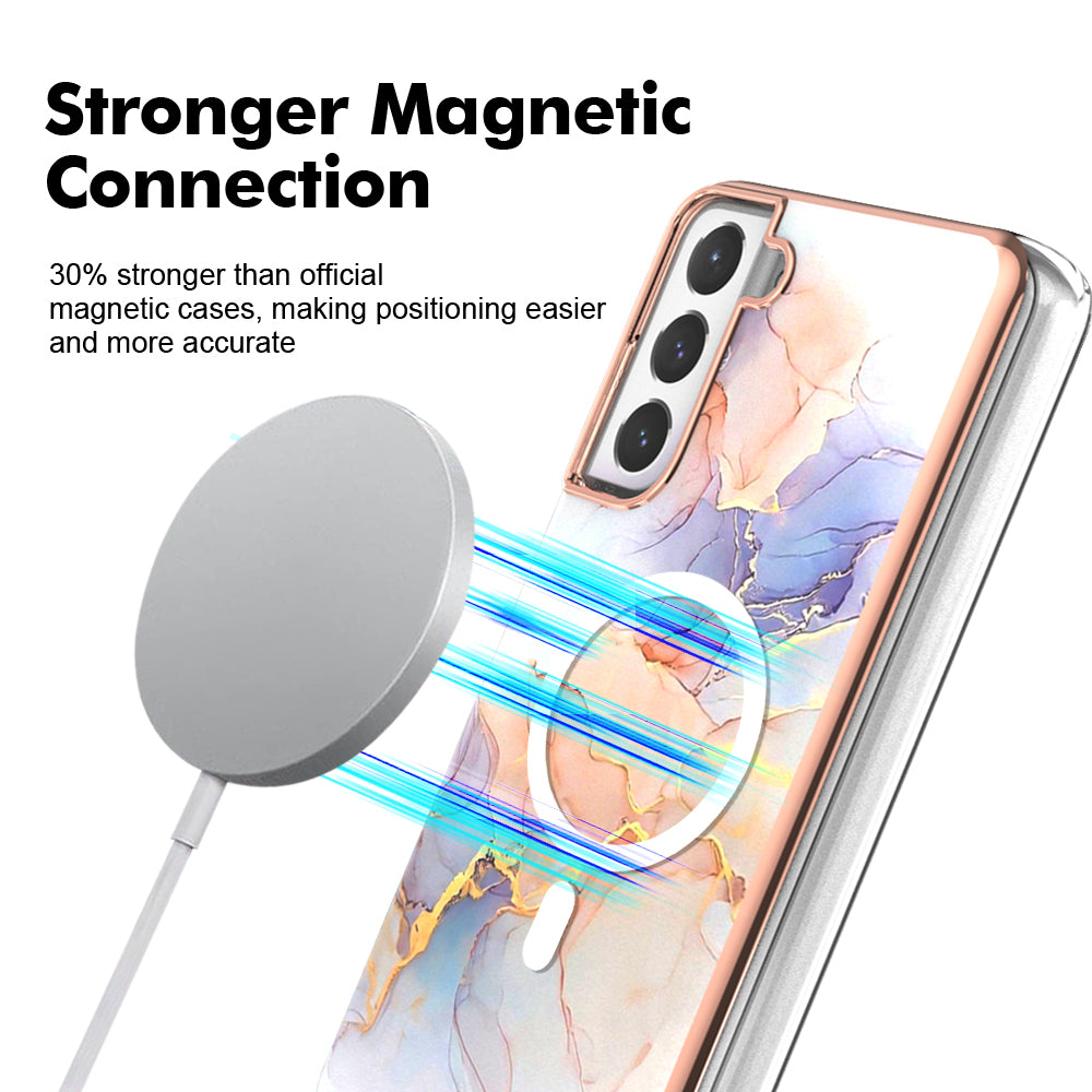 YB IMD Series-19 for Samsung Galaxy S21 FE 5G Magnetic Phone Case 2.0mm TPU Electroplating Pattern IMD Cover - Marble White