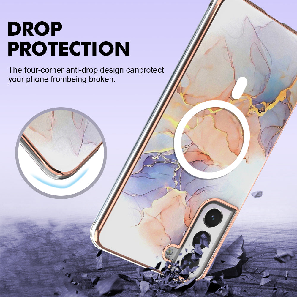 YB IMD Series-19 for Samsung Galaxy S21 FE 5G Magnetic Phone Case 2.0mm TPU Electroplating Pattern IMD Cover - Marble White