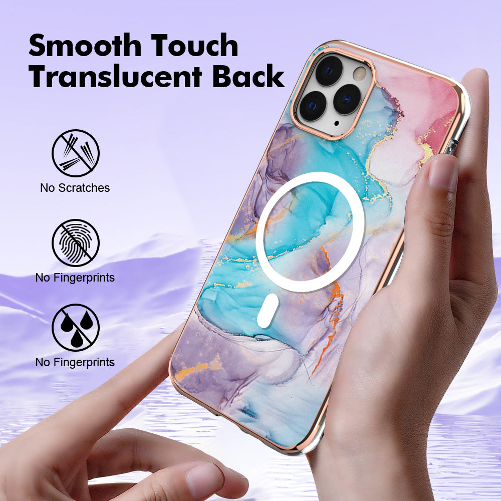 YB IMD Series-19 for iPhone 12 / 12 Pro Magnetic Case Compatible with Magsafe 2.0mm TPU Pattern Electroplating Phone Cover - Marble Blue