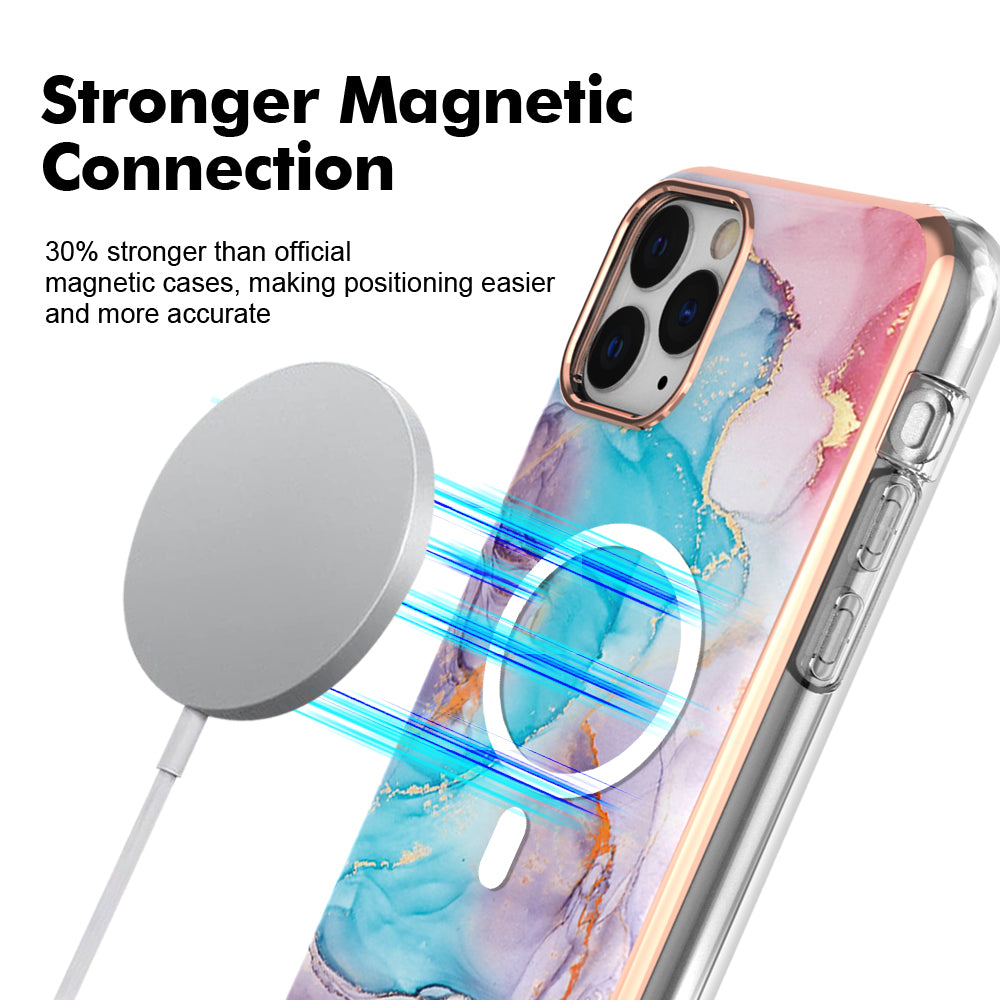YB IMD Series-19 for iPhone 12 / 12 Pro Magnetic Case Compatible with Magsafe 2.0mm TPU Pattern Electroplating Phone Cover - Marble Blue