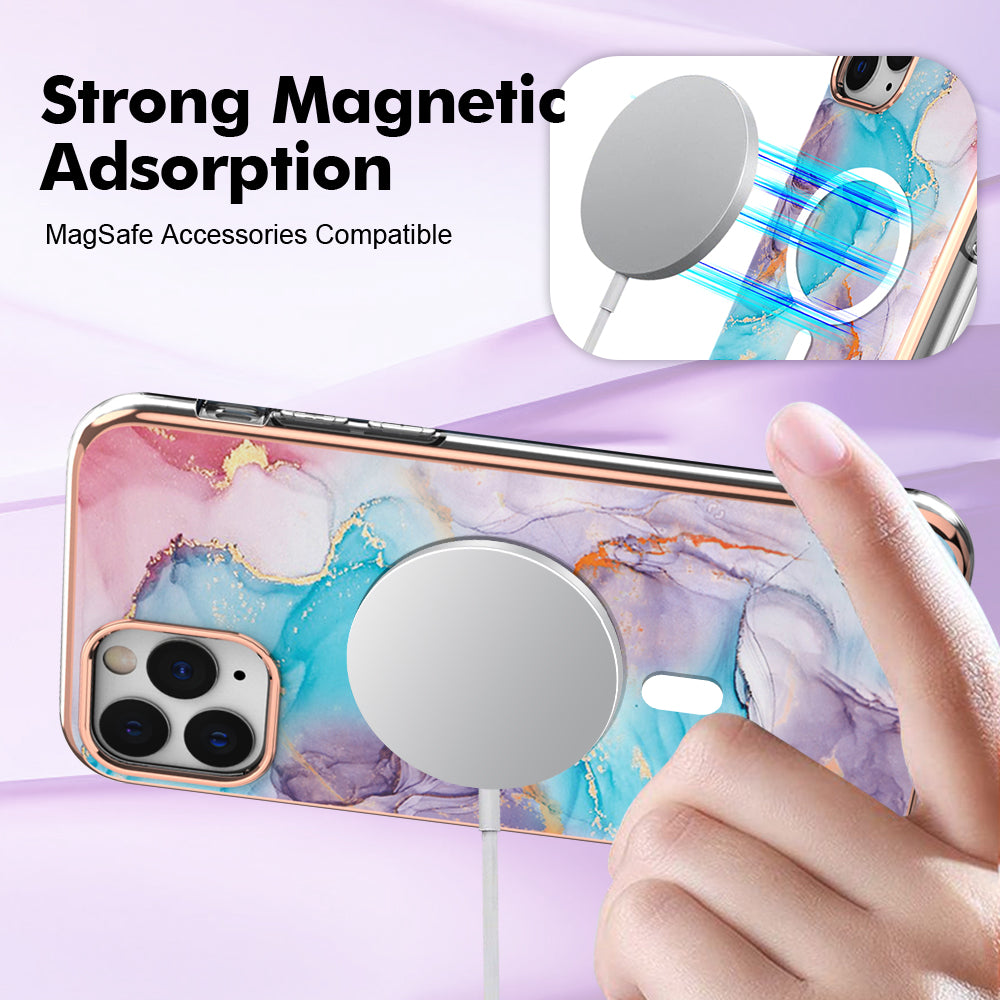 YB IMD Series-19 for iPhone 12 / 12 Pro Magnetic Case Compatible with Magsafe 2.0mm TPU Pattern Electroplating Phone Cover - Marble Blue
