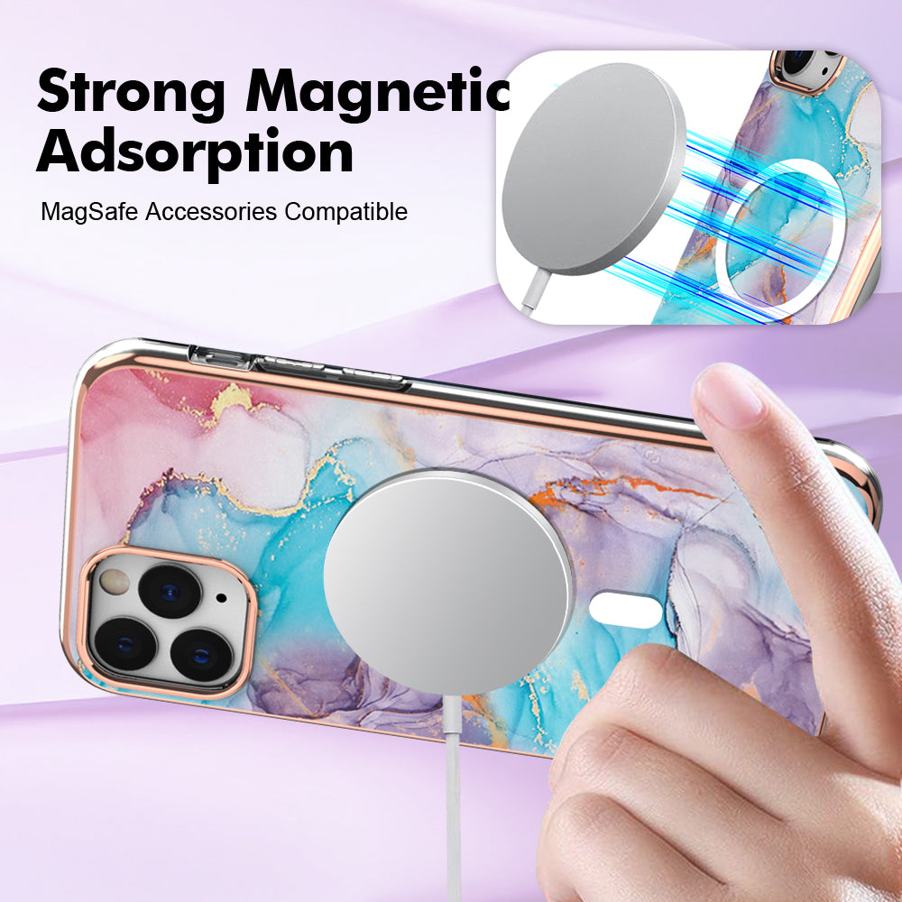 YB IMD Series-19 for iPhone 11 Pro IMD Pattern Magnetic Case TPU 2.0mm Phone Cover Compatible with MagSafe - Marble Blue