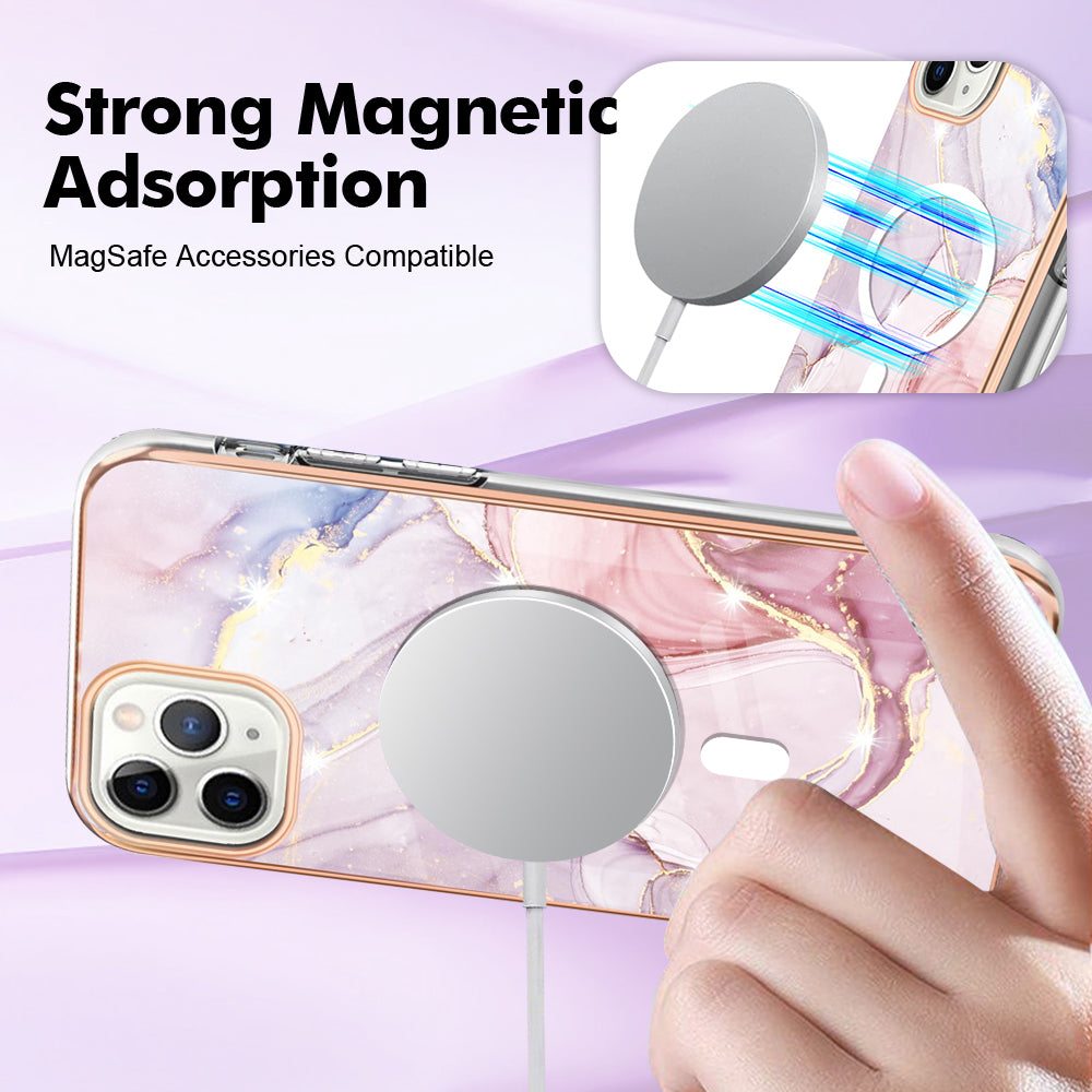 YB IMD Series-19 for iPhone 11 Pro Max TPU Electroplated Cover 2.0mm IMD Pattern Phone Case Compatible with MagSafe - Rose Gold