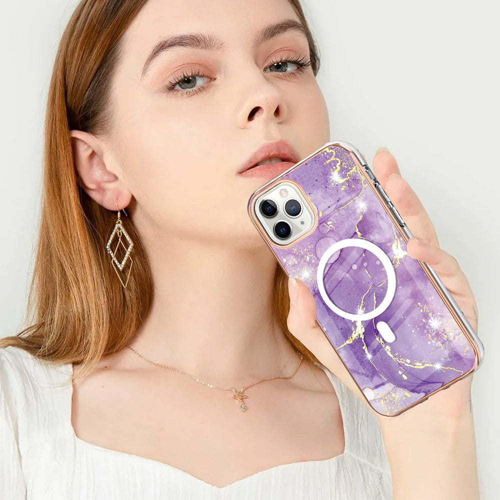 YB IMD Series-19 for iPhone 11 Pro Max TPU Electroplated Cover 2.0mm IMD Pattern Phone Case Compatible with MagSafe - Purple