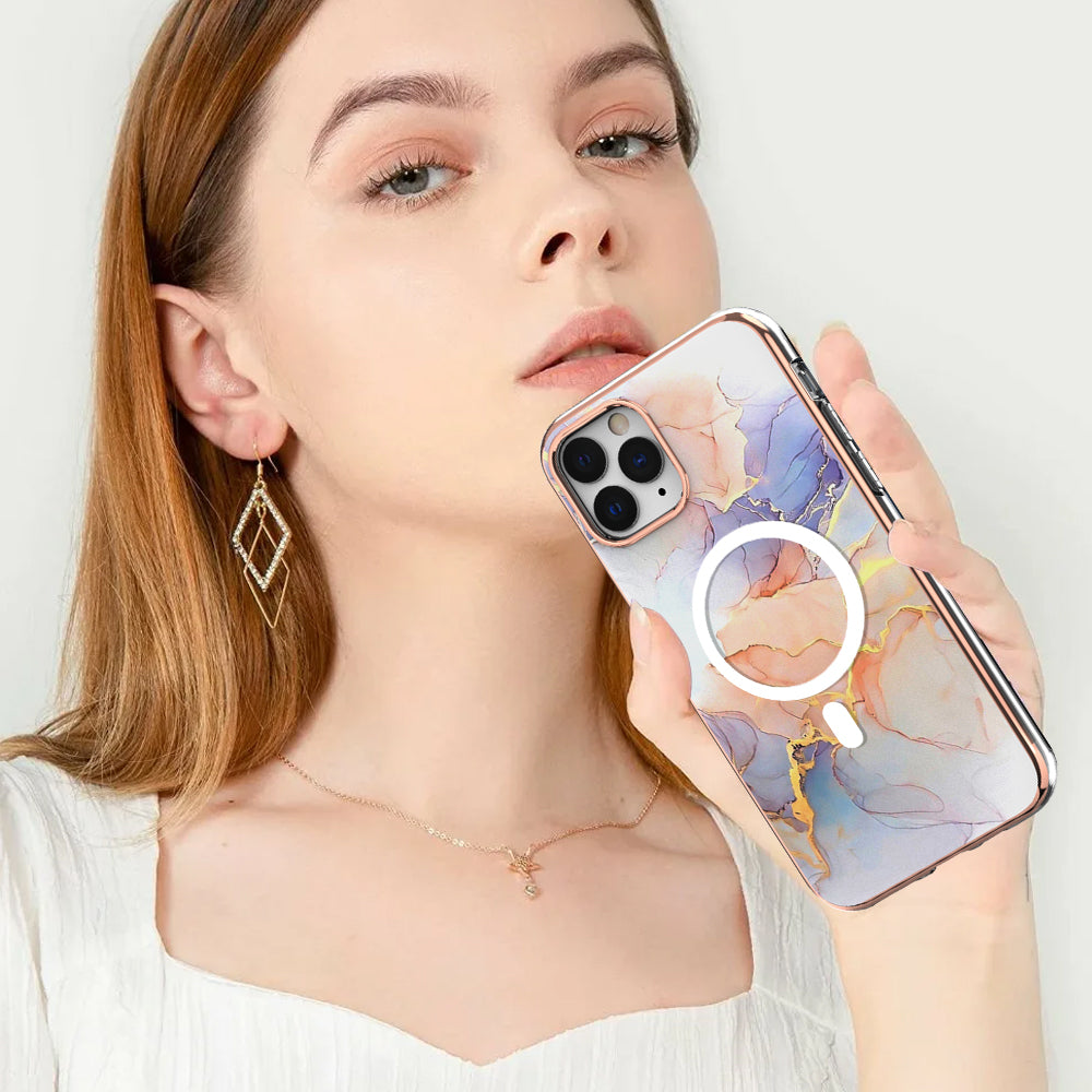 YB IMD Series-19 for iPhone 11 Pro Max TPU Electroplated Cover 2.0mm IMD Pattern Phone Case Compatible with MagSafe - Marble White