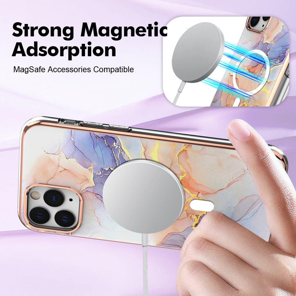 YB IMD Series-19 for iPhone 11 Pro Max TPU Electroplated Cover 2.0mm IMD Pattern Phone Case Compatible with MagSafe - Marble White