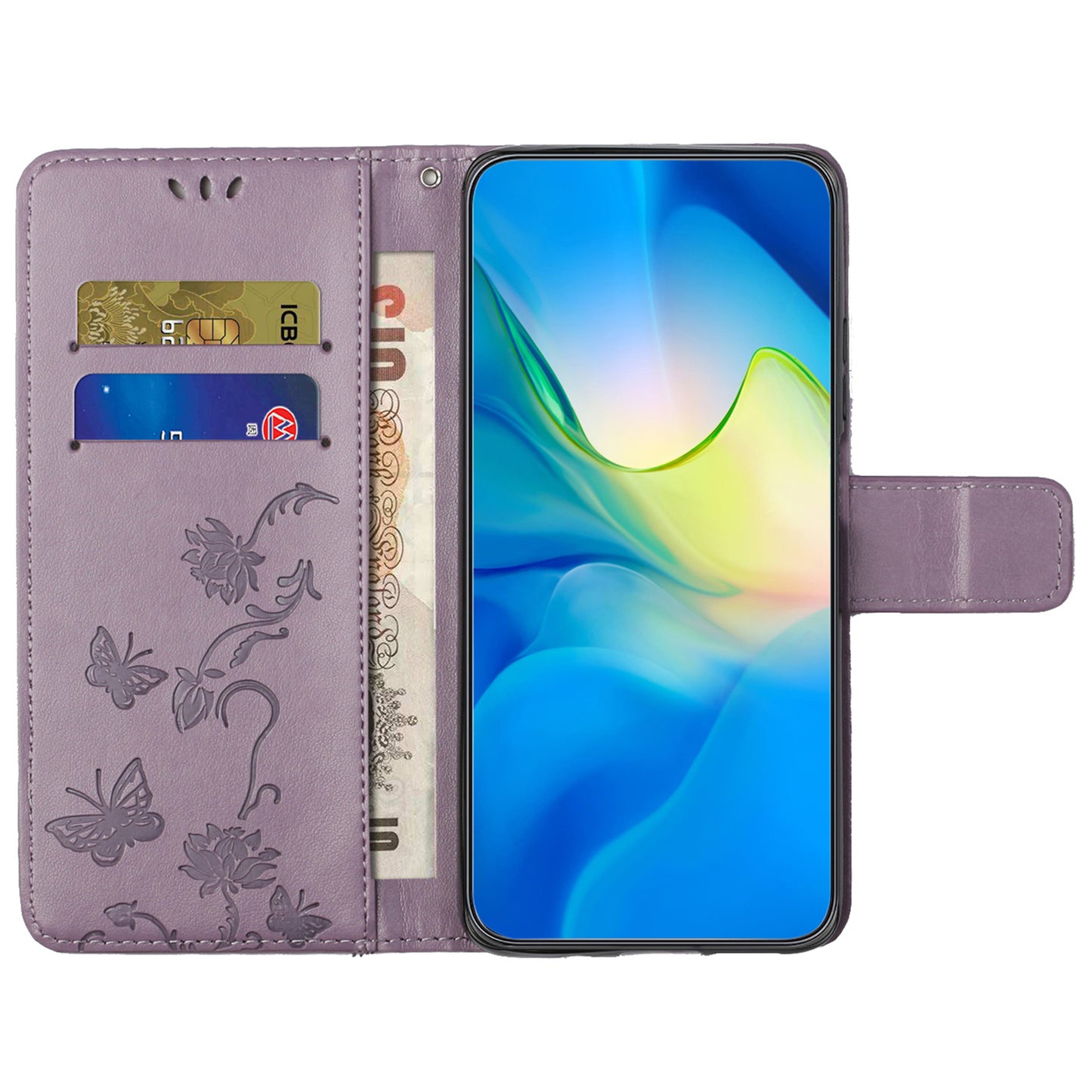 Uniqkart for Xiaomi Redmi 12 4G Wallet Stand Phone Case Butterfly Flower Imprinted PU Leather Cover - Purple
