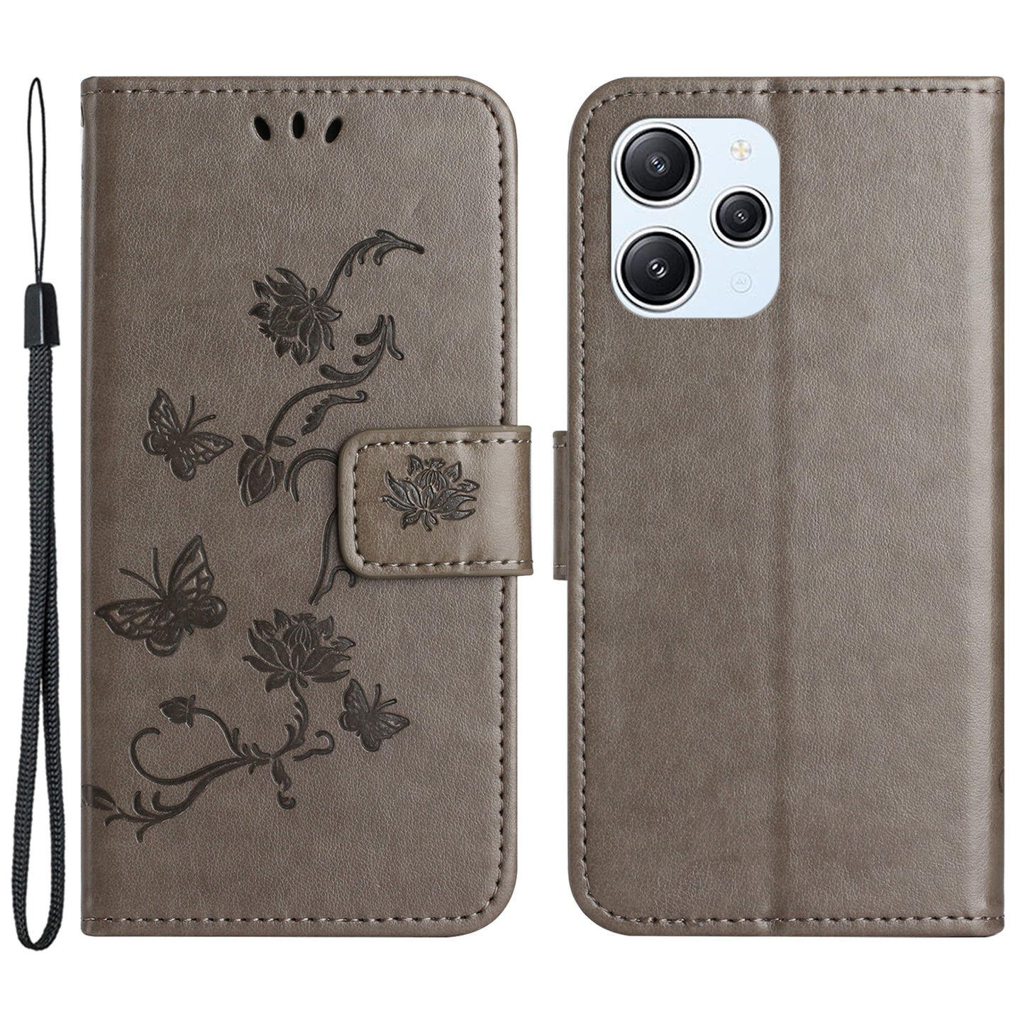Uniqkart for Xiaomi Redmi 12 4G Wallet Stand Phone Case Butterfly Flower Imprinted PU Leather Cover - Grey
