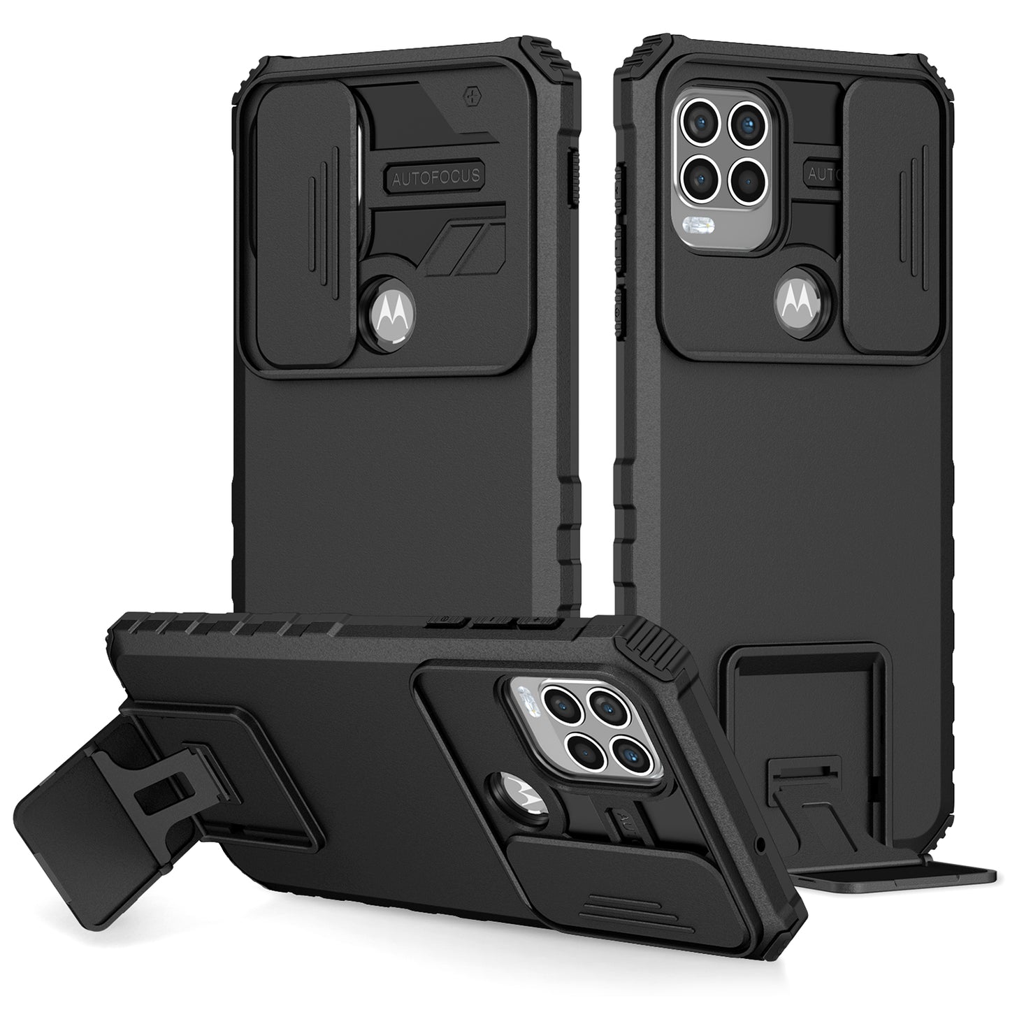 for Motorola Moto G Stylus 5G (2021) Phone Protector Slide Camera Hard PC + Flexible TPU Cover Kickstand Case - Black