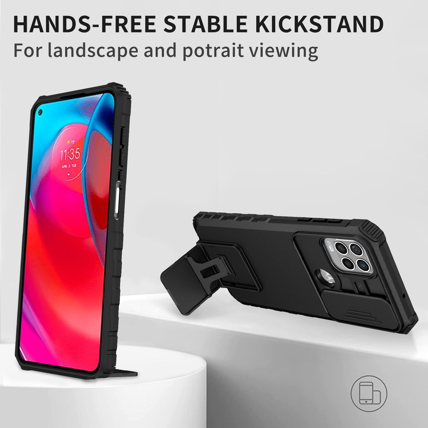 for Motorola Moto G Stylus 5G (2021) Phone Protector Slide Camera Hard PC + Flexible TPU Cover Kickstand Case - Black