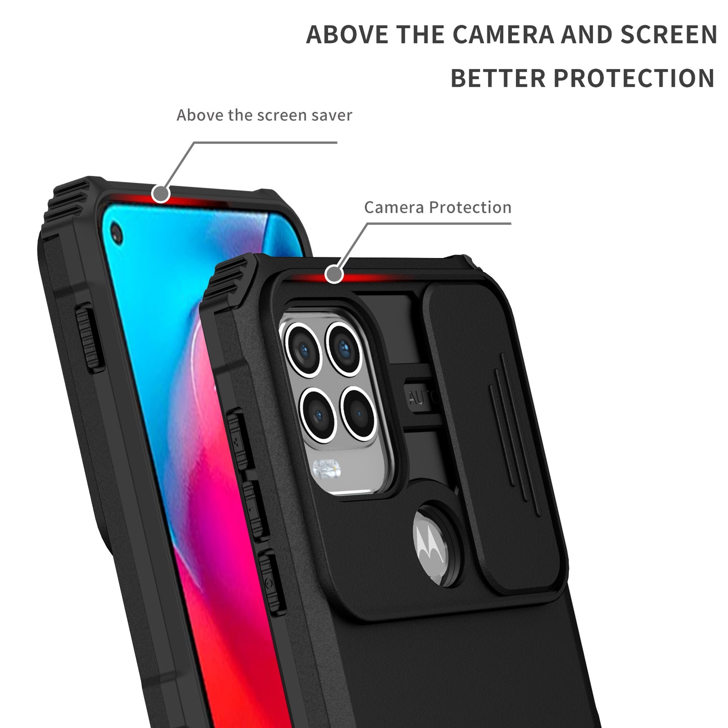 for Motorola Moto G Stylus 5G (2021) Phone Protector Slide Camera Hard PC + Flexible TPU Cover Kickstand Case - Black