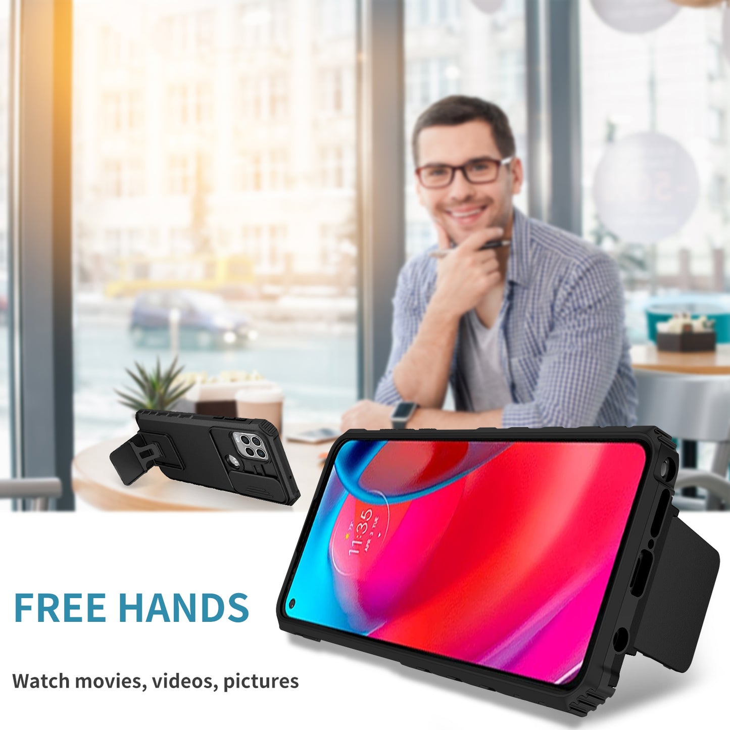 for Motorola Moto G Stylus 5G (2021) Phone Protector Slide Camera Hard PC + Flexible TPU Cover Kickstand Case - Black