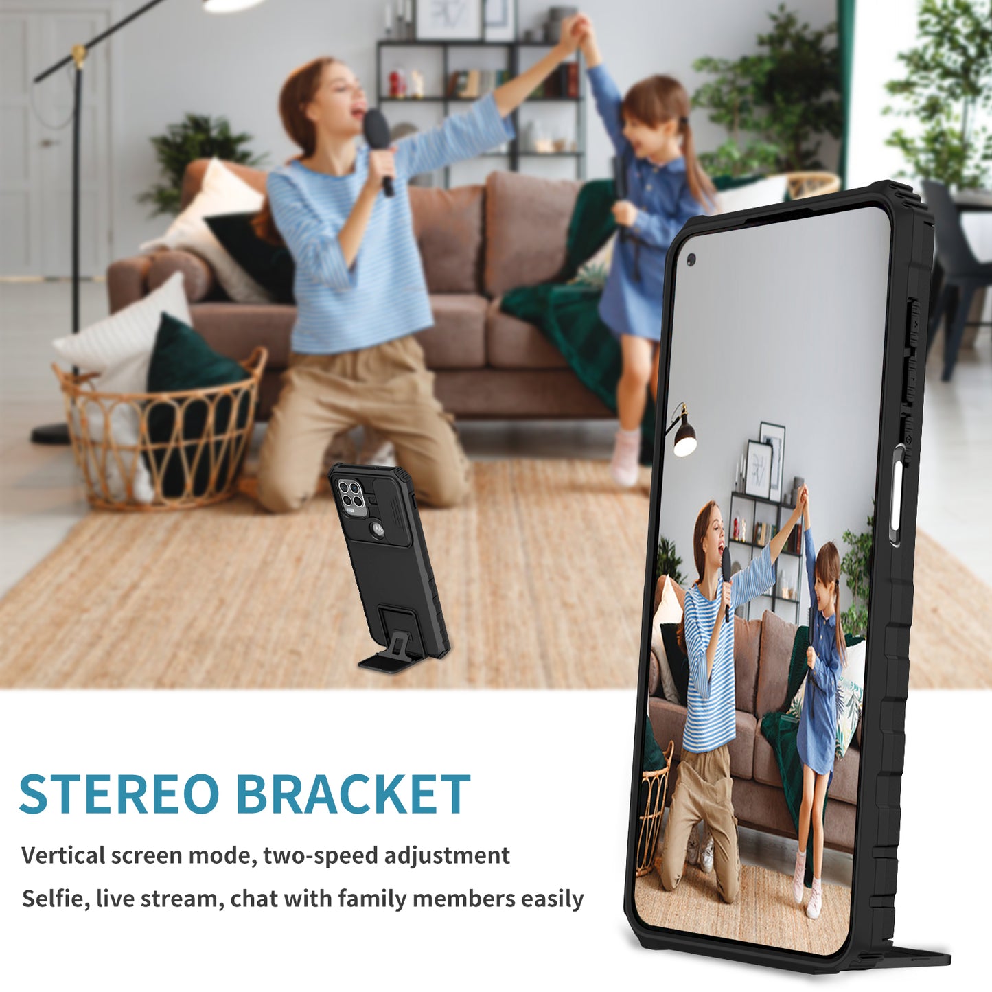 for Motorola Moto G Stylus 5G (2021) Phone Protector Slide Camera Hard PC + Flexible TPU Cover Kickstand Case - Black