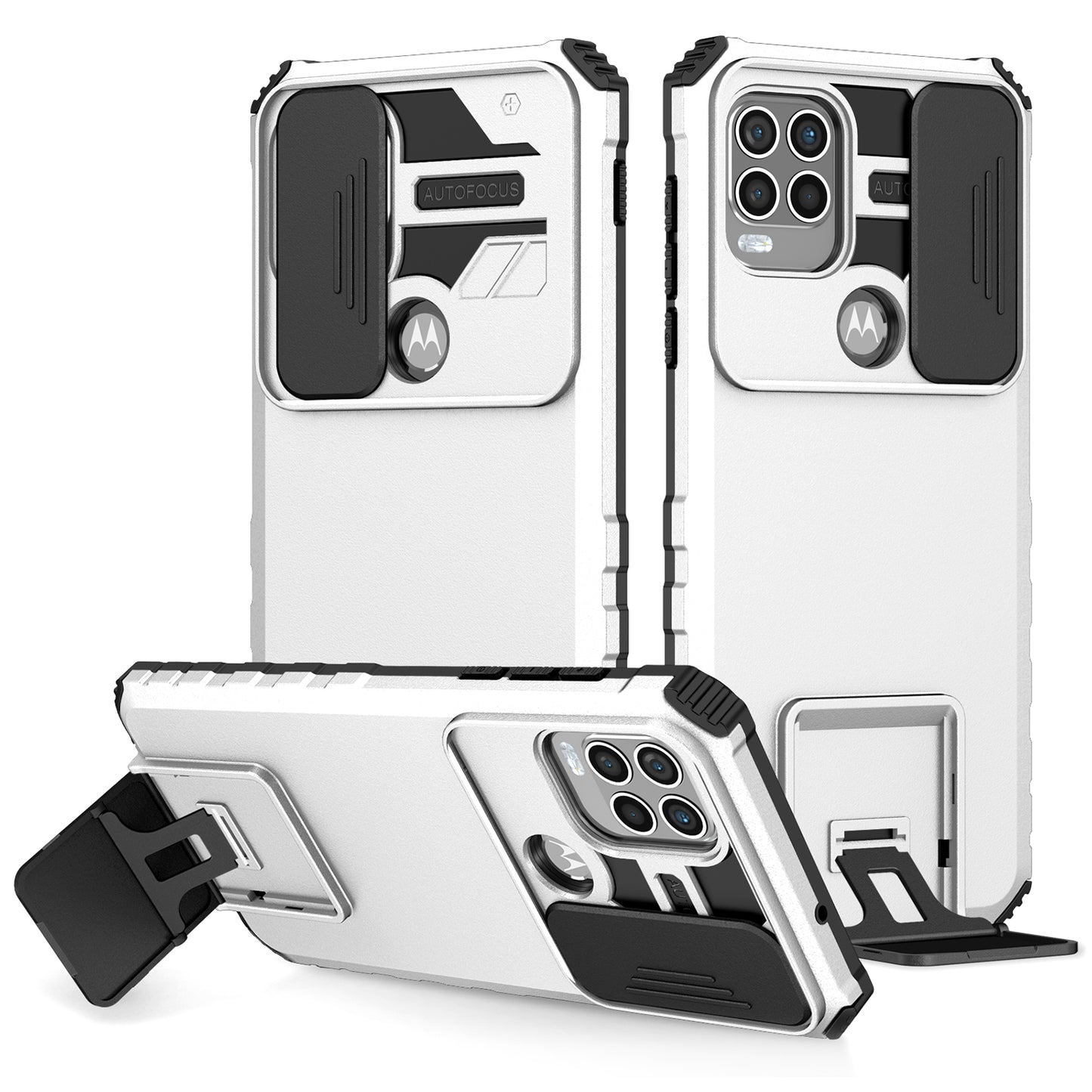 for Motorola Moto G Stylus 5G (2021) Phone Protector Slide Camera Hard PC + Flexible TPU Cover Kickstand Case - White