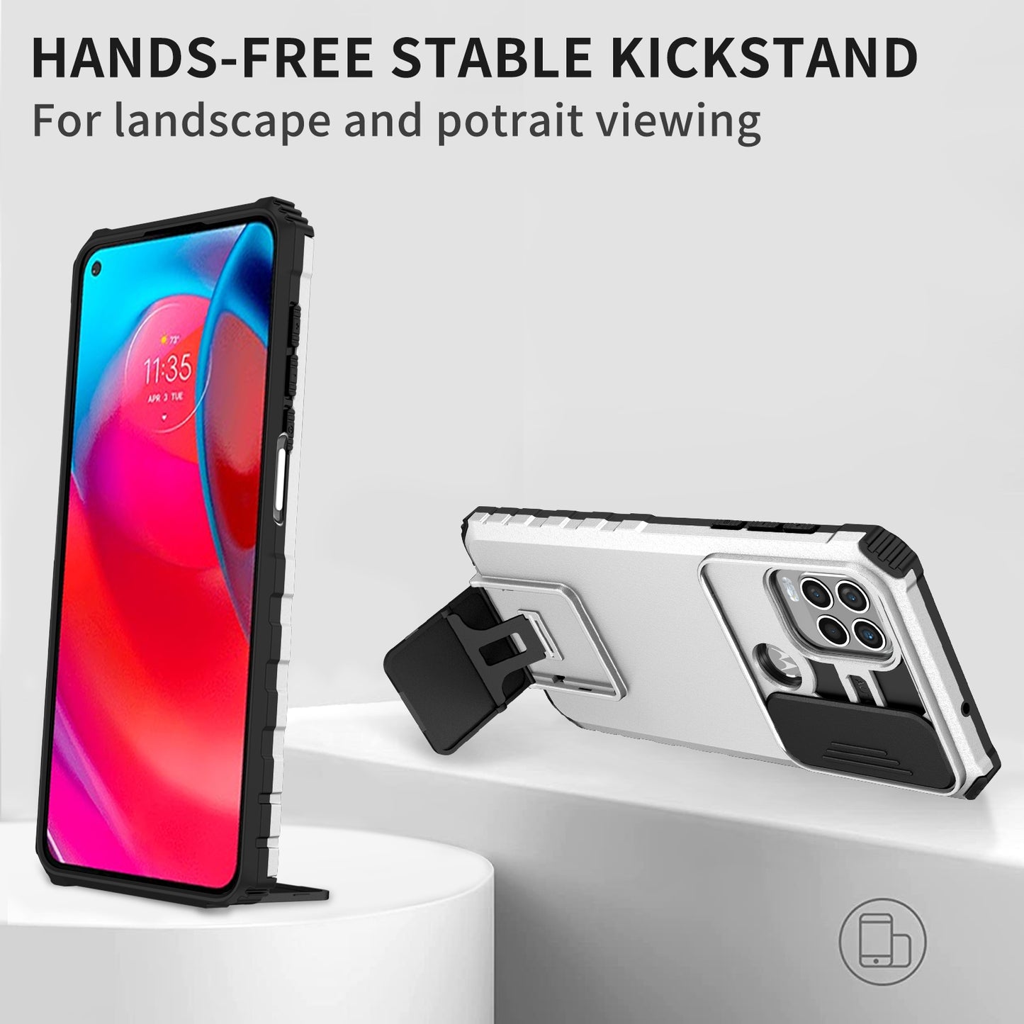 for Motorola Moto G Stylus 5G (2021) Phone Protector Slide Camera Hard PC + Flexible TPU Cover Kickstand Case - White