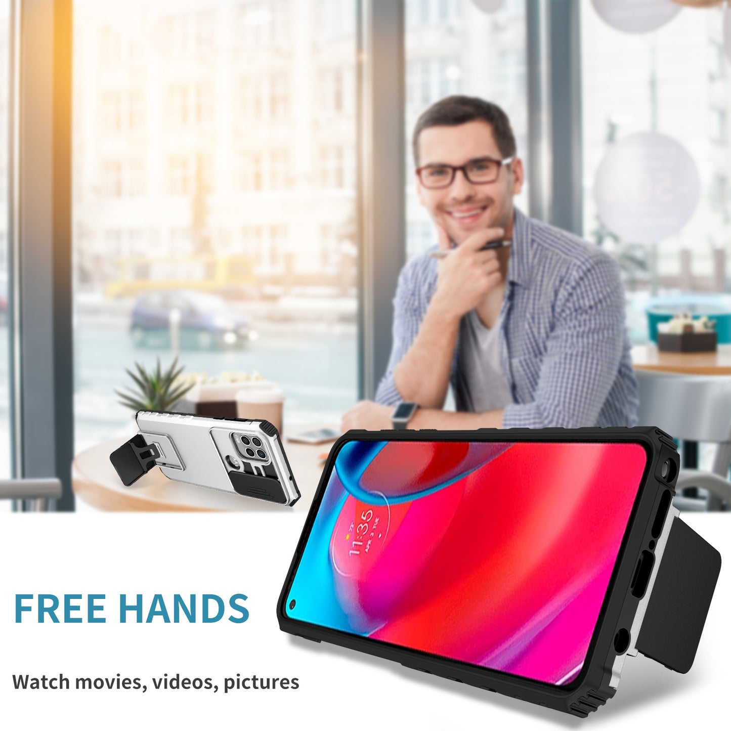 for Motorola Moto G Stylus 5G (2021) Phone Protector Slide Camera Hard PC + Flexible TPU Cover Kickstand Case - White