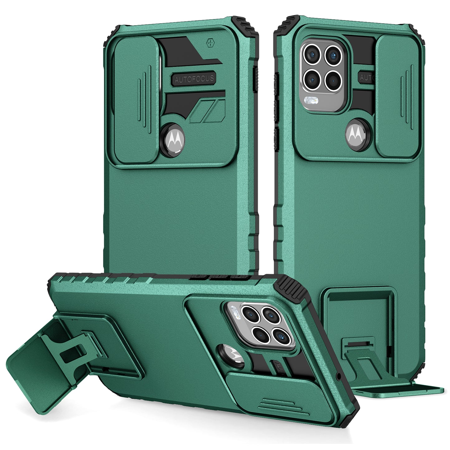 Uniqkart for Motorola Moto G Stylus 5G (2021) Phone Protector Slide Camera Hard PC + Flexible TPU Cover Kickstand Case - Blackish Green