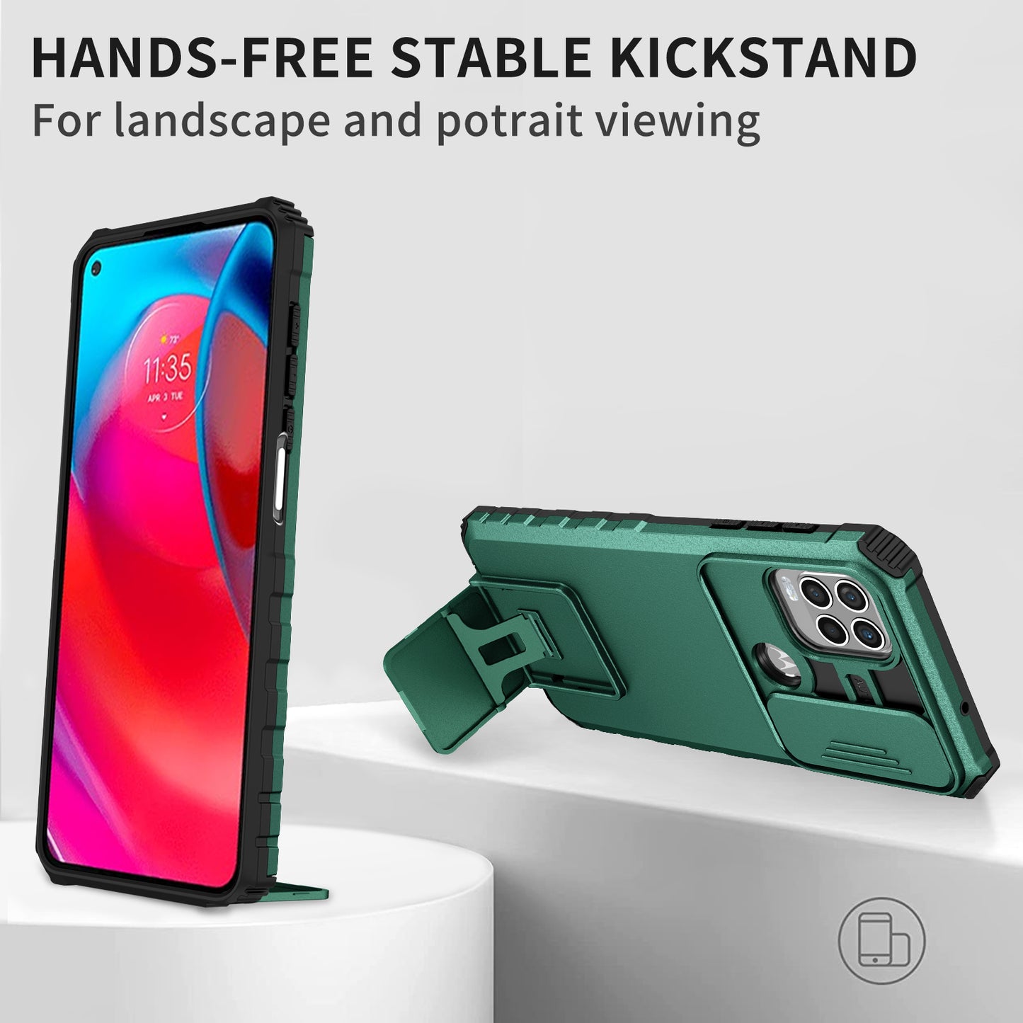 Uniqkart for Motorola Moto G Stylus 5G (2021) Phone Protector Slide Camera Hard PC + Flexible TPU Cover Kickstand Case - Blackish Green