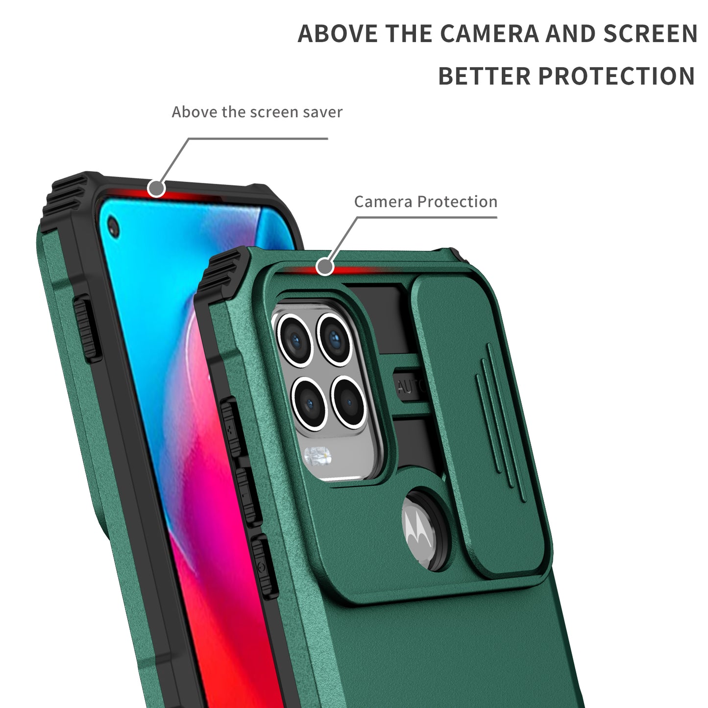 Uniqkart for Motorola Moto G Stylus 5G (2021) Phone Protector Slide Camera Hard PC + Flexible TPU Cover Kickstand Case - Blackish Green