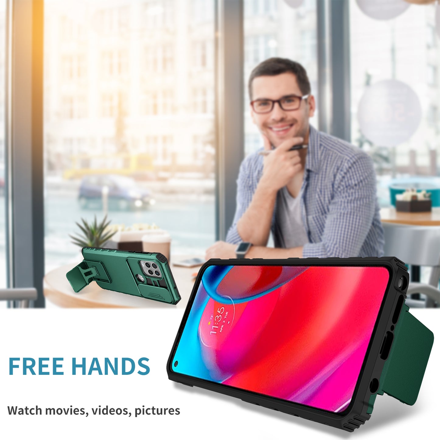 Uniqkart for Motorola Moto G Stylus 5G (2021) Phone Protector Slide Camera Hard PC + Flexible TPU Cover Kickstand Case - Blackish Green