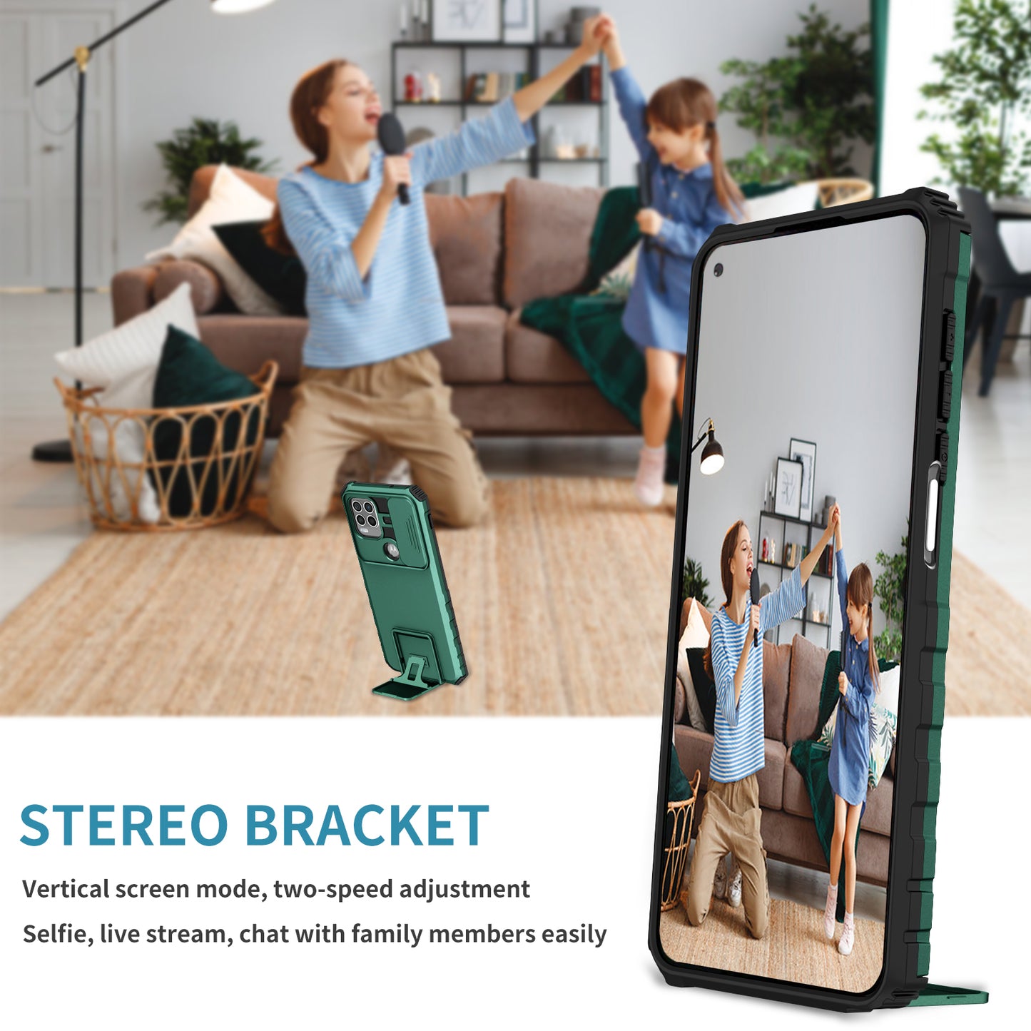 Uniqkart for Motorola Moto G Stylus 5G (2021) Phone Protector Slide Camera Hard PC + Flexible TPU Cover Kickstand Case - Blackish Green