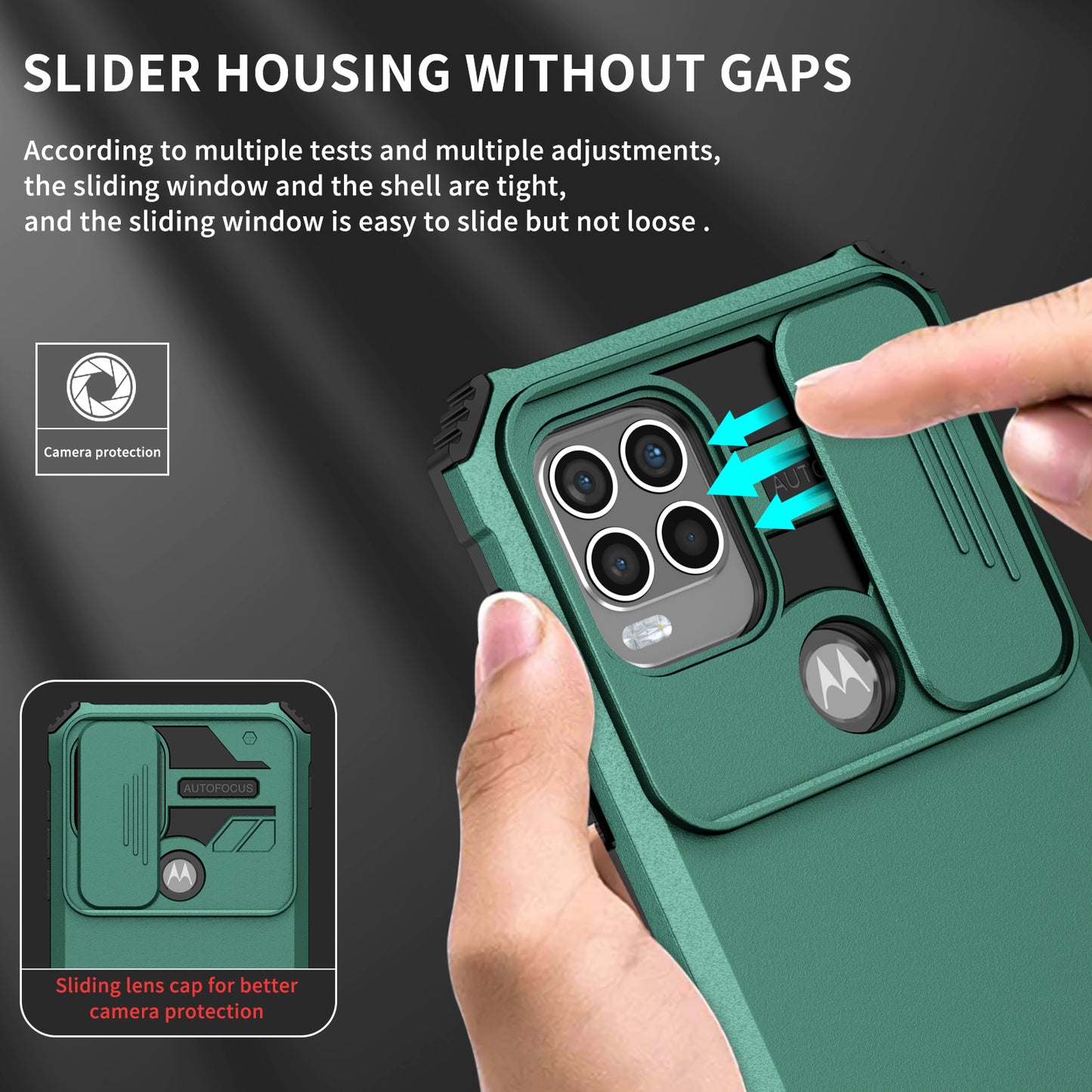 Uniqkart for Motorola Moto G Stylus 5G (2021) Phone Protector Slide Camera Hard PC + Flexible TPU Cover Kickstand Case - Blackish Green