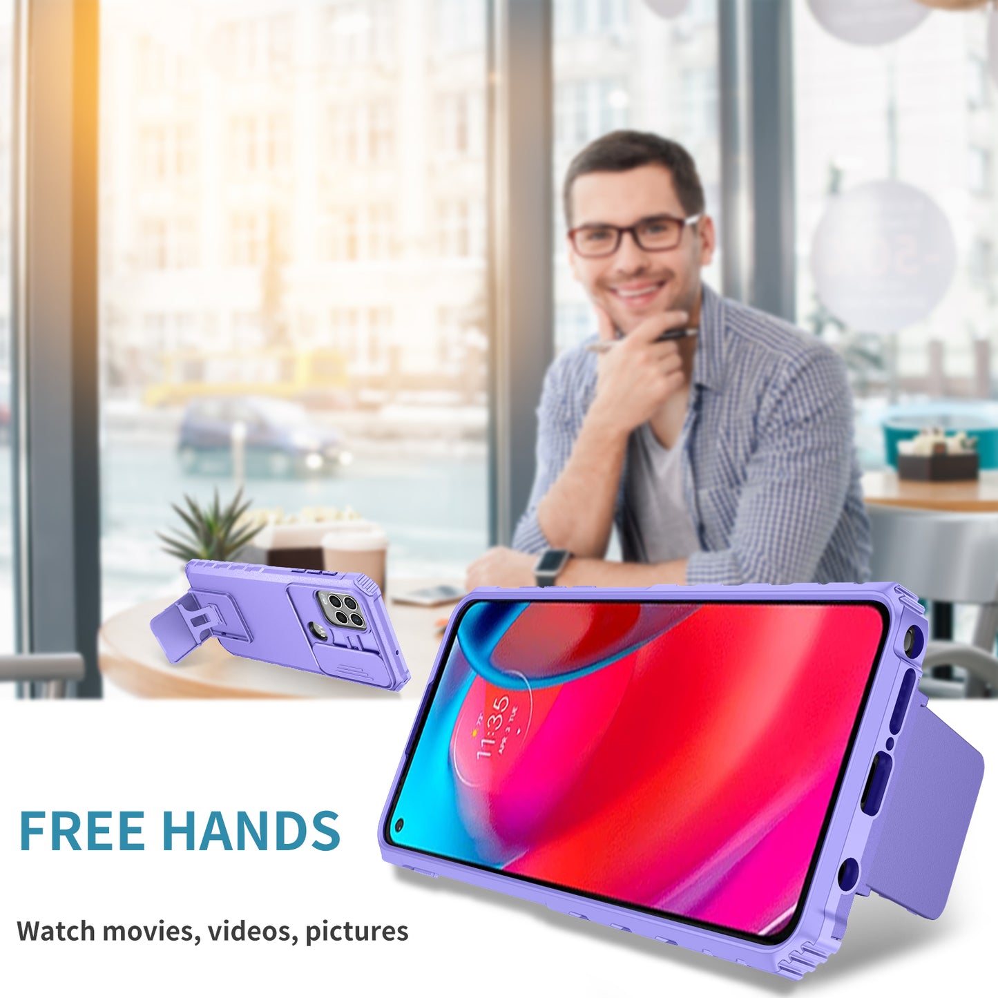 for Motorola Moto G Stylus 5G (2021) Phone Protector Slide Camera Hard PC + Flexible TPU Cover Kickstand Case - Purple