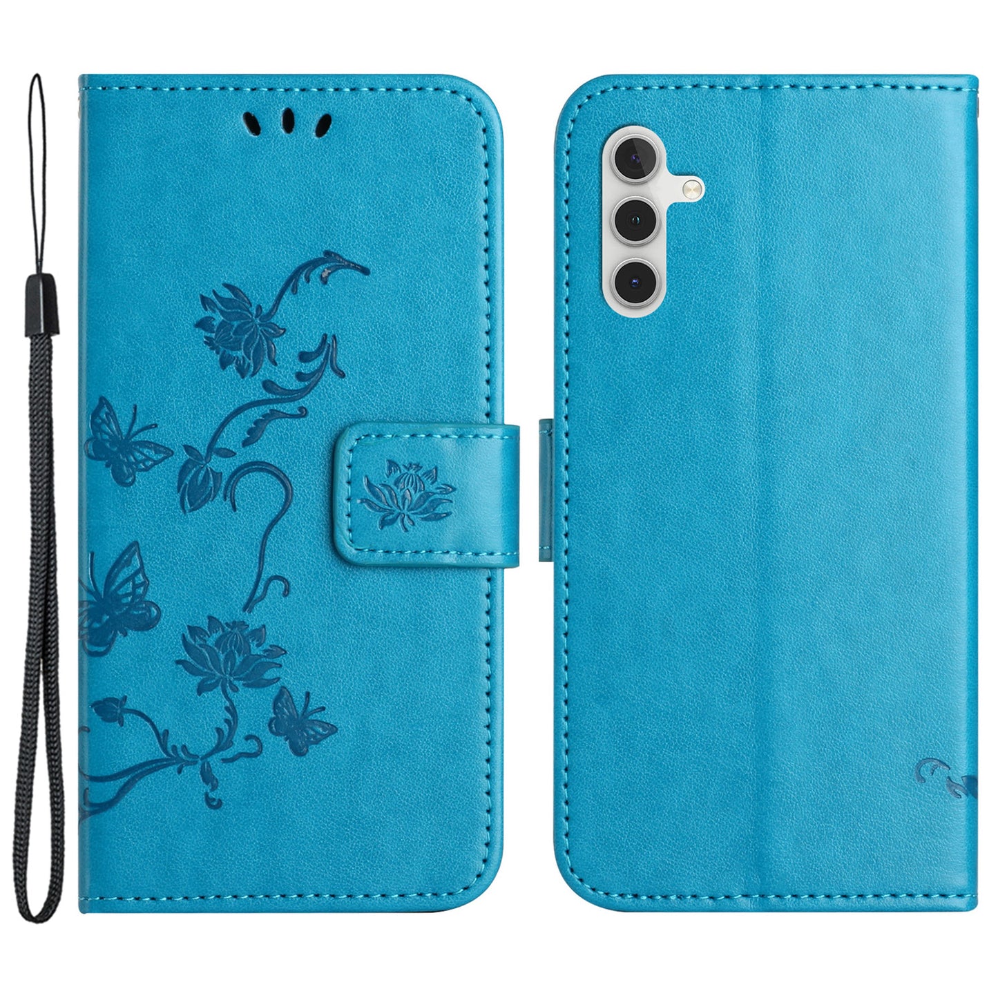 Uniqkart for Samsung Galaxy S23 FE PU Leather Wallet Phone Case Butterfly Flower Imprinted Stand Cover - Blue