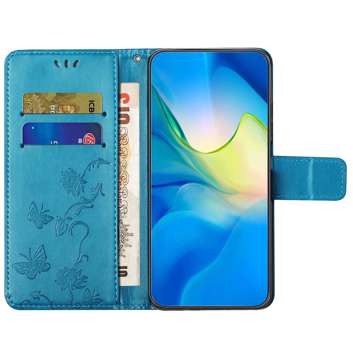 Uniqkart for Samsung Galaxy S23 FE PU Leather Wallet Phone Case Butterfly Flower Imprinted Stand Cover - Blue