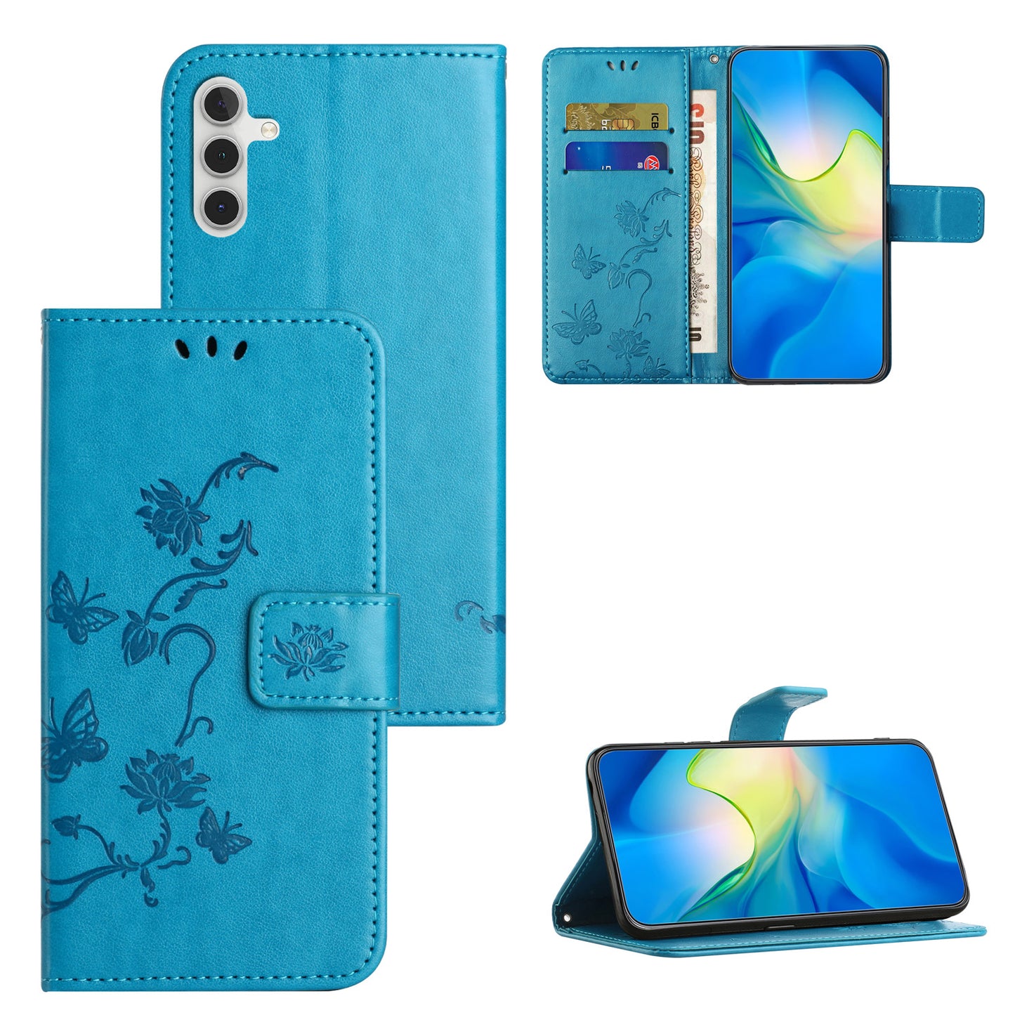 Uniqkart for Samsung Galaxy S23 FE PU Leather Wallet Phone Case Butterfly Flower Imprinted Stand Cover - Blue