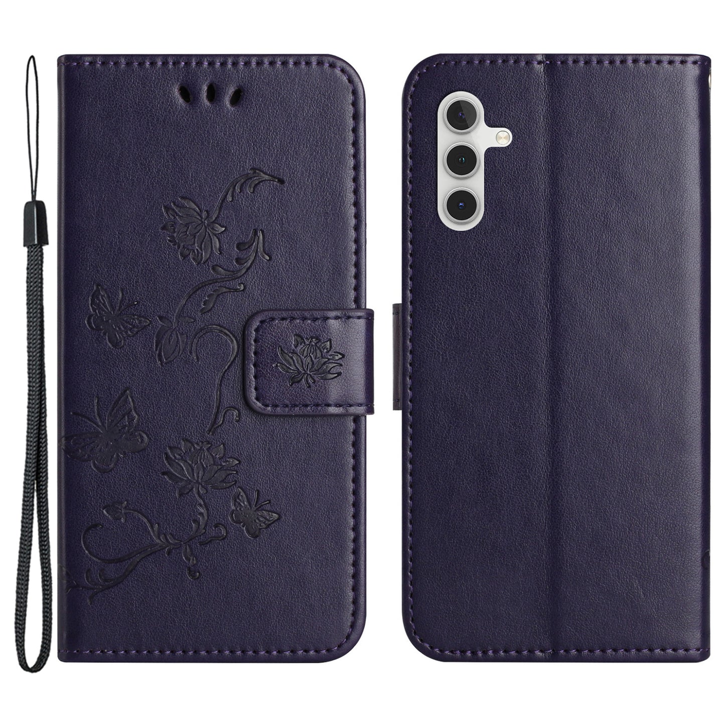 Uniqkart for Samsung Galaxy S23 FE PU Leather Wallet Phone Case Butterfly Flower Imprinted Stand Cover - Dark Purple