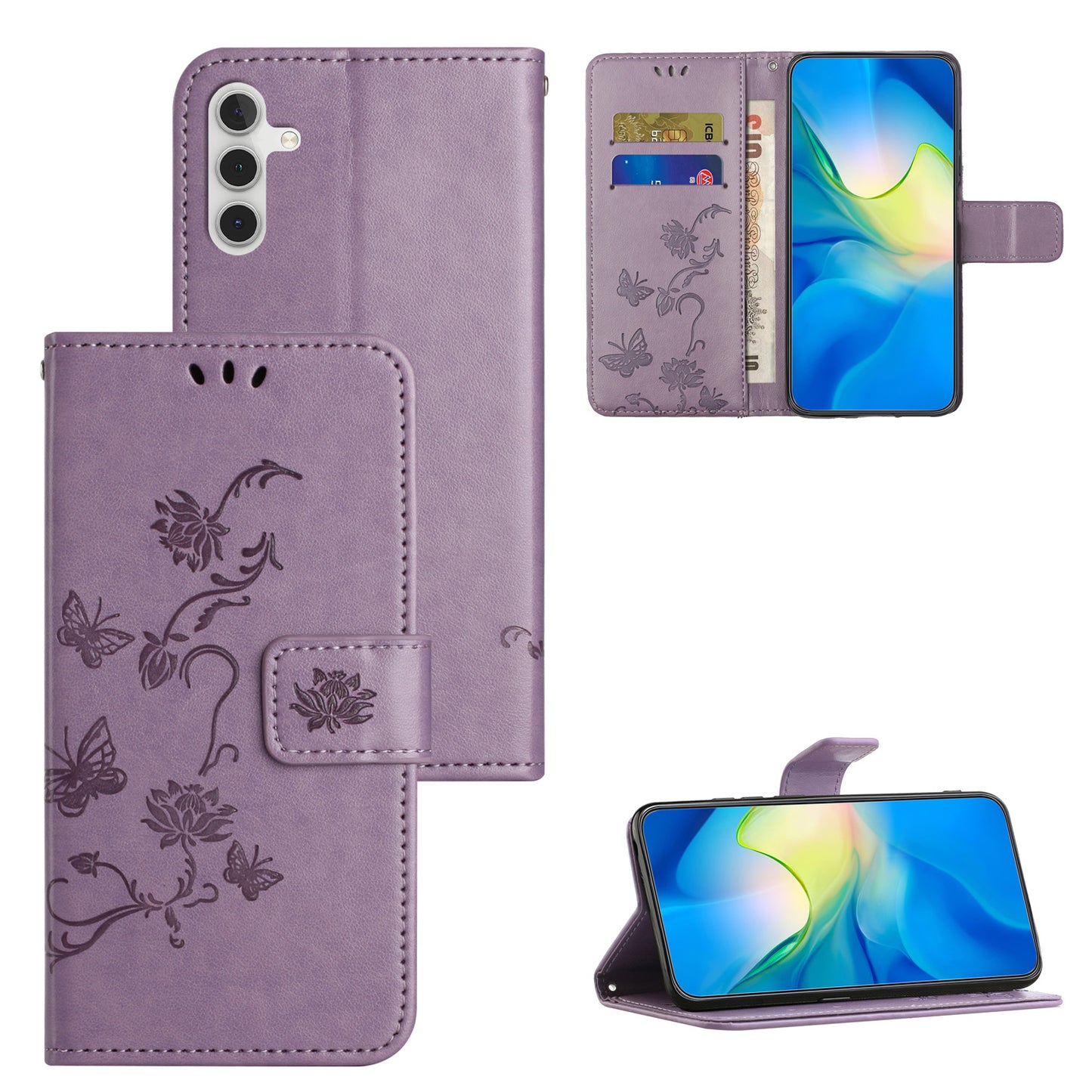 Uniqkart for Samsung Galaxy S23 FE PU Leather Wallet Phone Case Butterfly Flower Imprinted Stand Cover - Purple