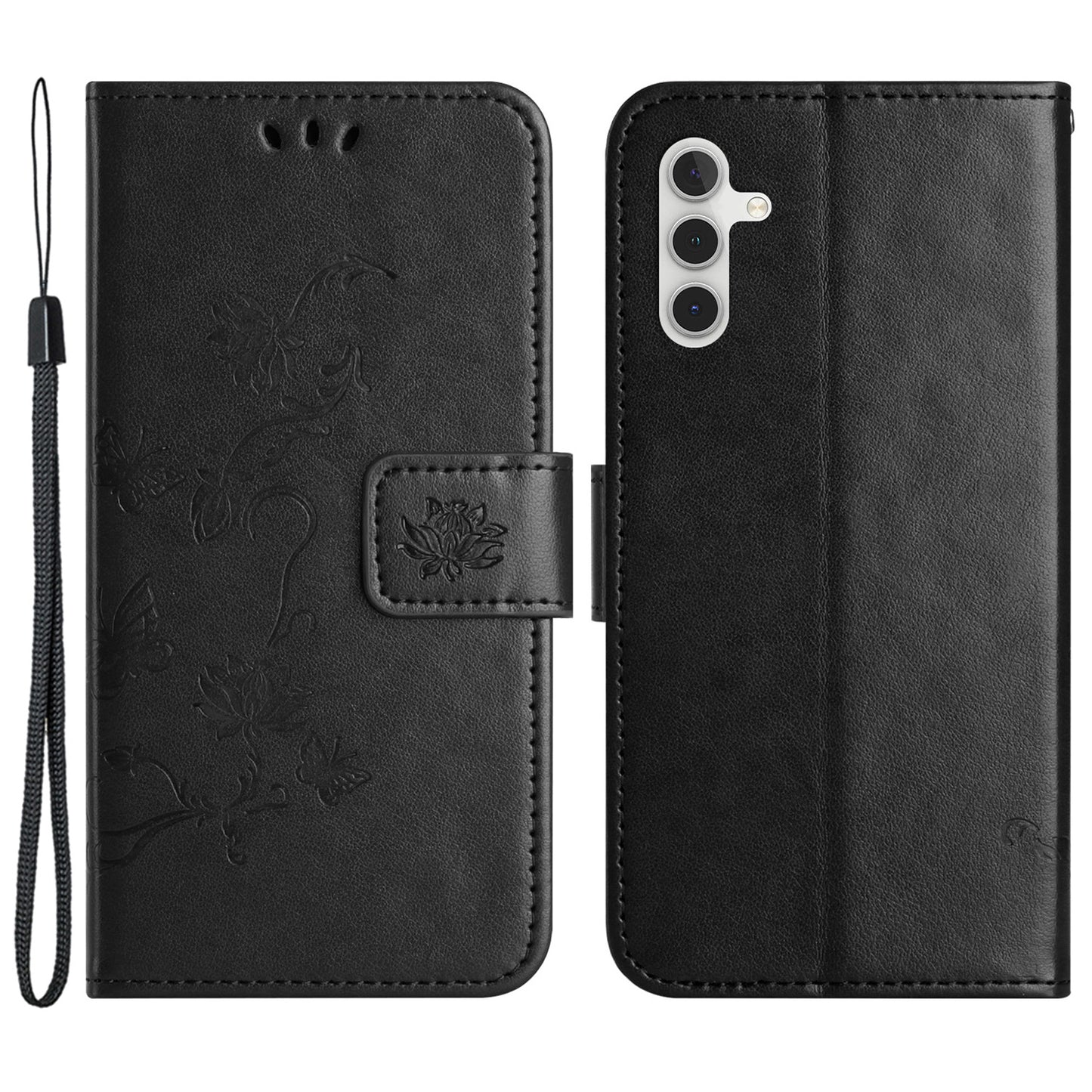 Uniqkart for Samsung Galaxy S23 FE PU Leather Wallet Phone Case Butterfly Flower Imprinted Stand Cover - Black
