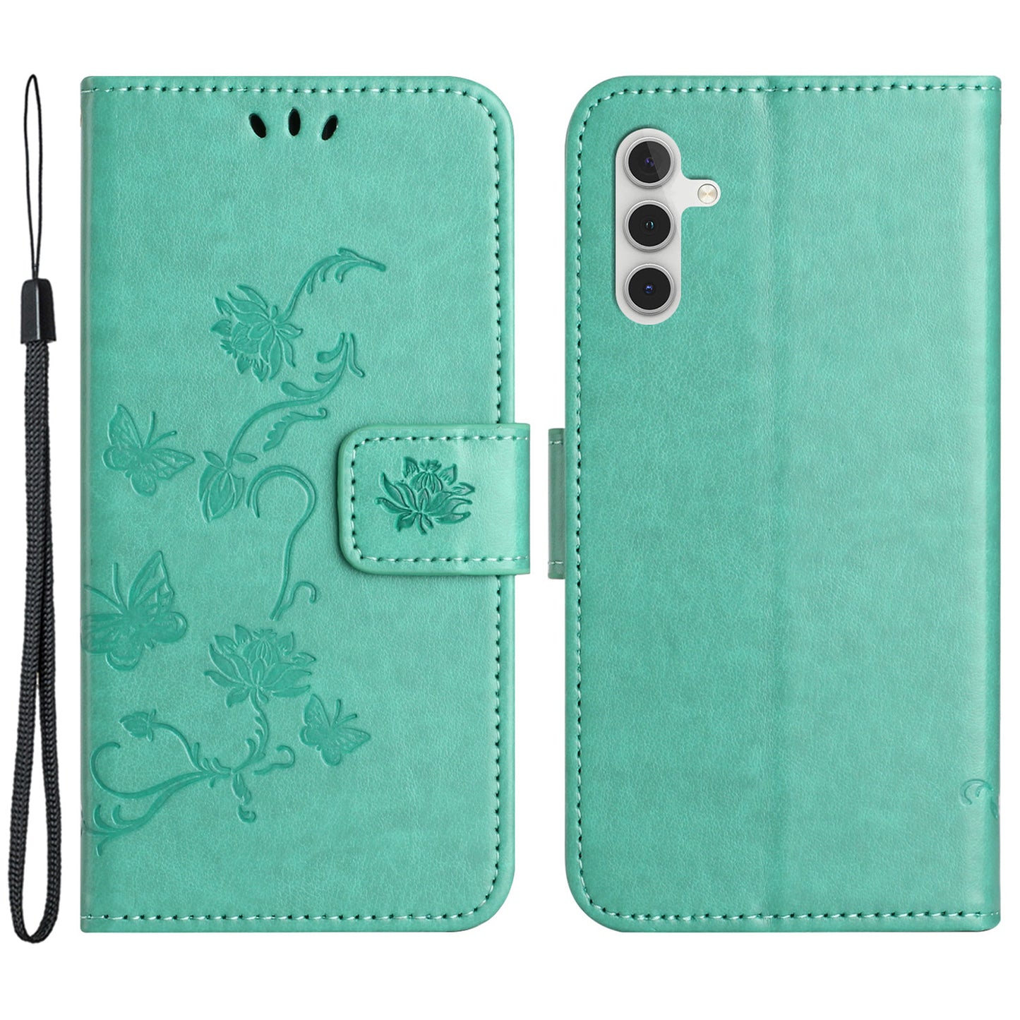 Uniqkart for Samsung Galaxy S23 FE PU Leather Wallet Phone Case Butterfly Flower Imprinted Stand Cover - Cyan