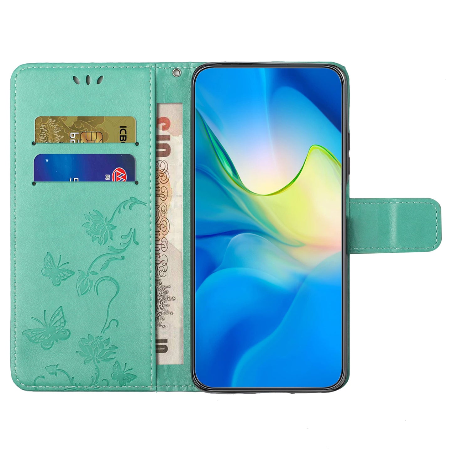 Uniqkart for Samsung Galaxy S23 FE PU Leather Wallet Phone Case Butterfly Flower Imprinted Stand Cover - Cyan